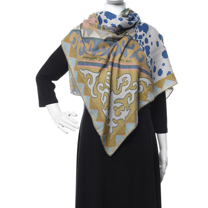 Hermes Cashmere Silk Appaloosa Des Steppes Shawl 140 Gris Chine Bleu Rosi 2 of 7