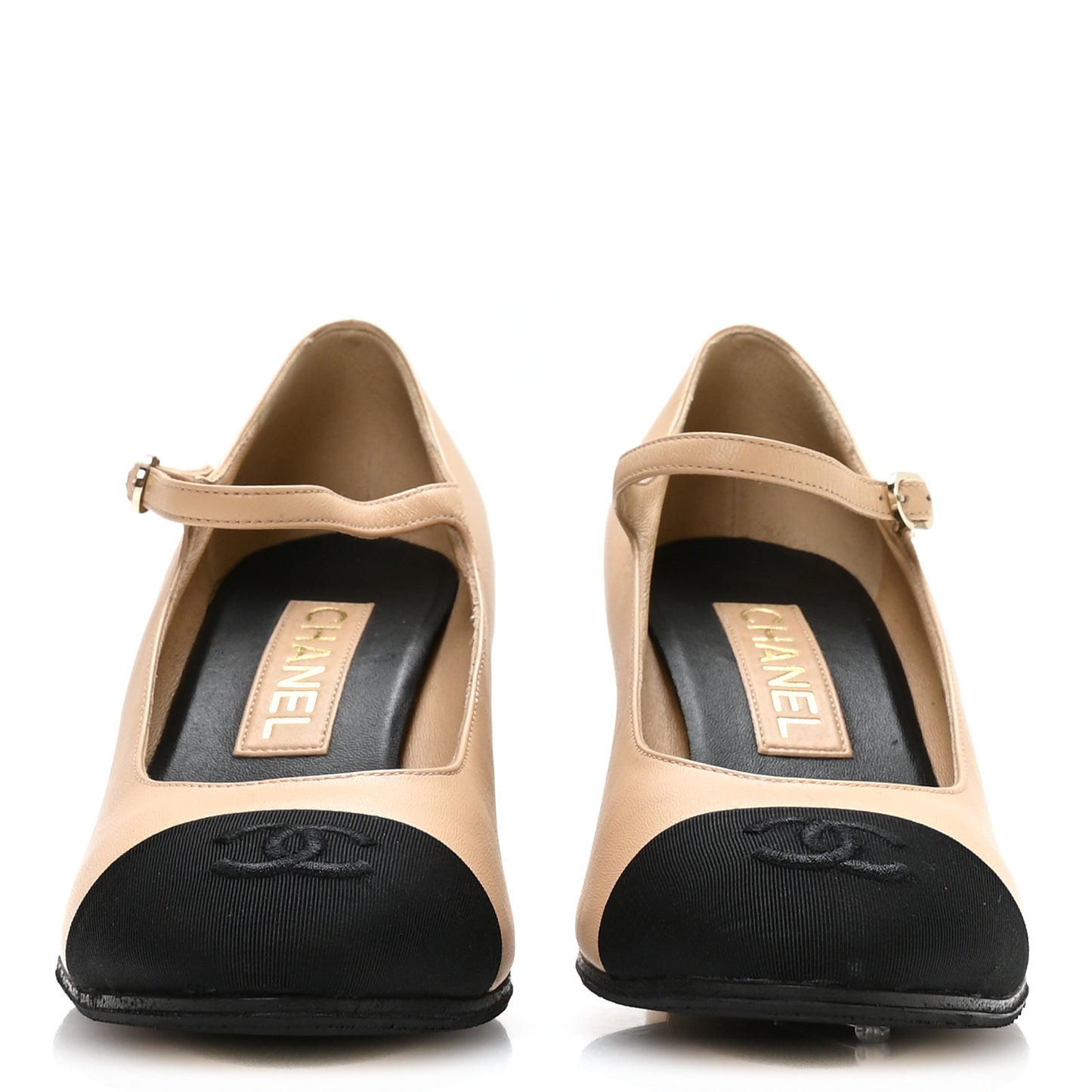 Lambskin Cap Toe Mary Jane Mid Heel Strap Pumps 38 Beige Black