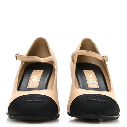 Chanel Lambskin Cap Toe Mary Jane Mid Heel Strap Pumps 38 Beige Black 3 of 7