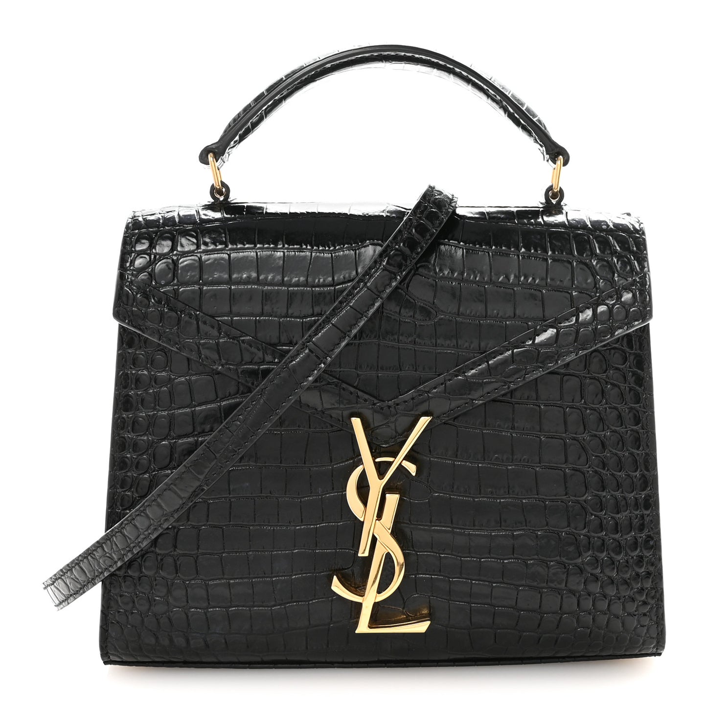 Calfskin Crocodile Embossed Mini Classic Monogram Cassandra Top Handle Black