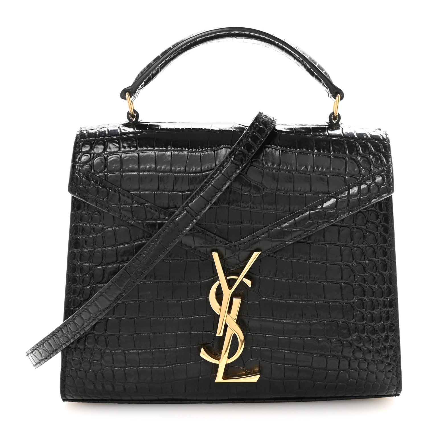 Saint Laurent Calfskin Crocodile Embossed Mini Classic Monogram Cassandra Top Handle Black 1 of 10