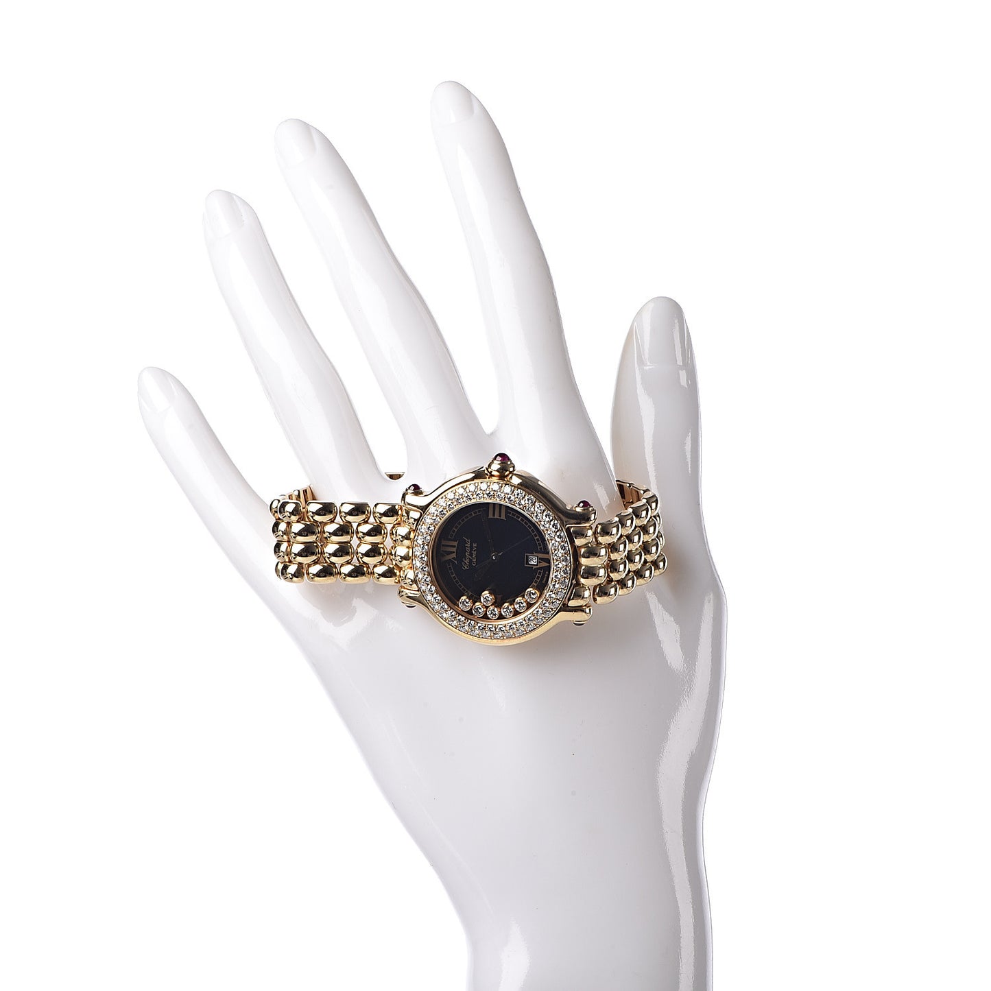 18K Yellow Gold Diamond Pave Bezel 32mm Happy Sport Quartz Watch Black