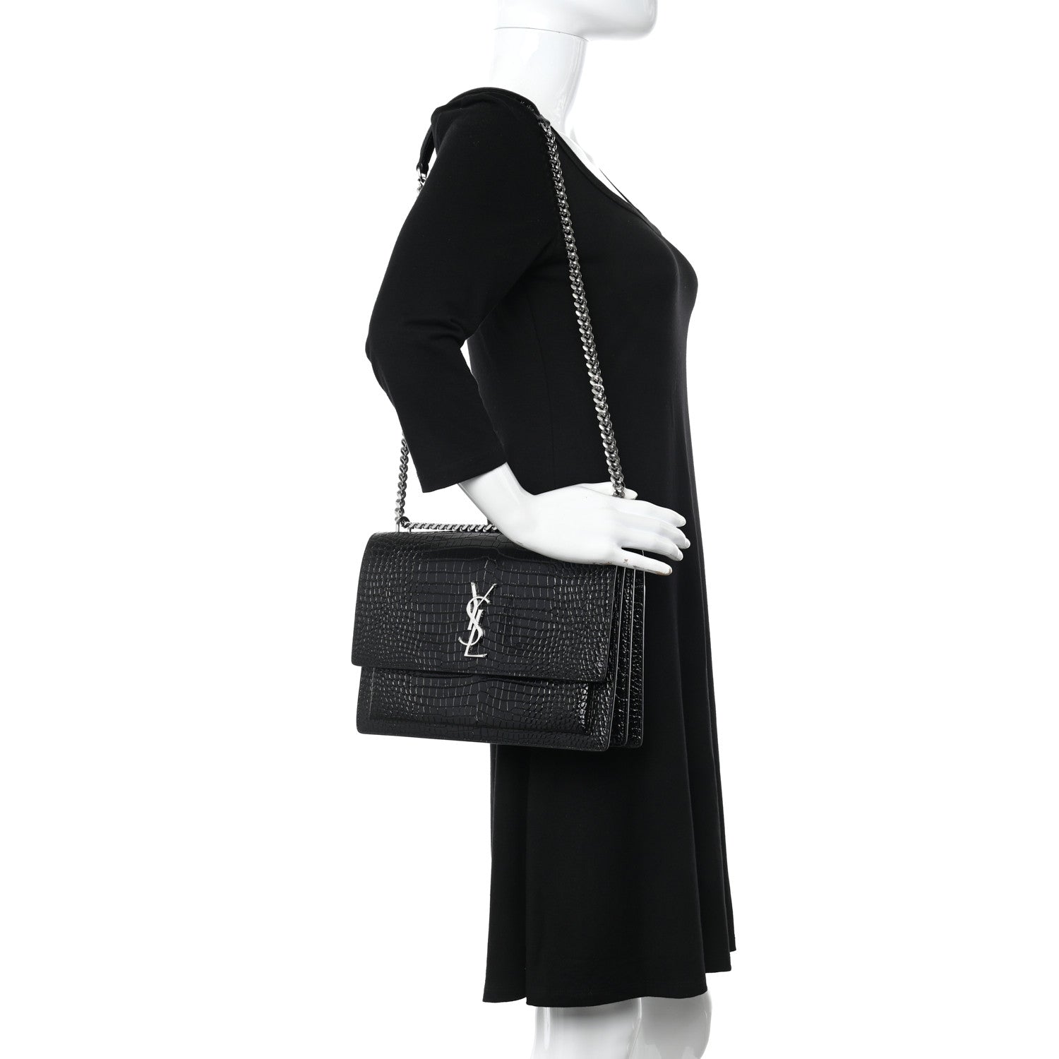 Saint Laurent Calfskin Crocodile Embossed Large Monogram Sunset Black 2 of 10