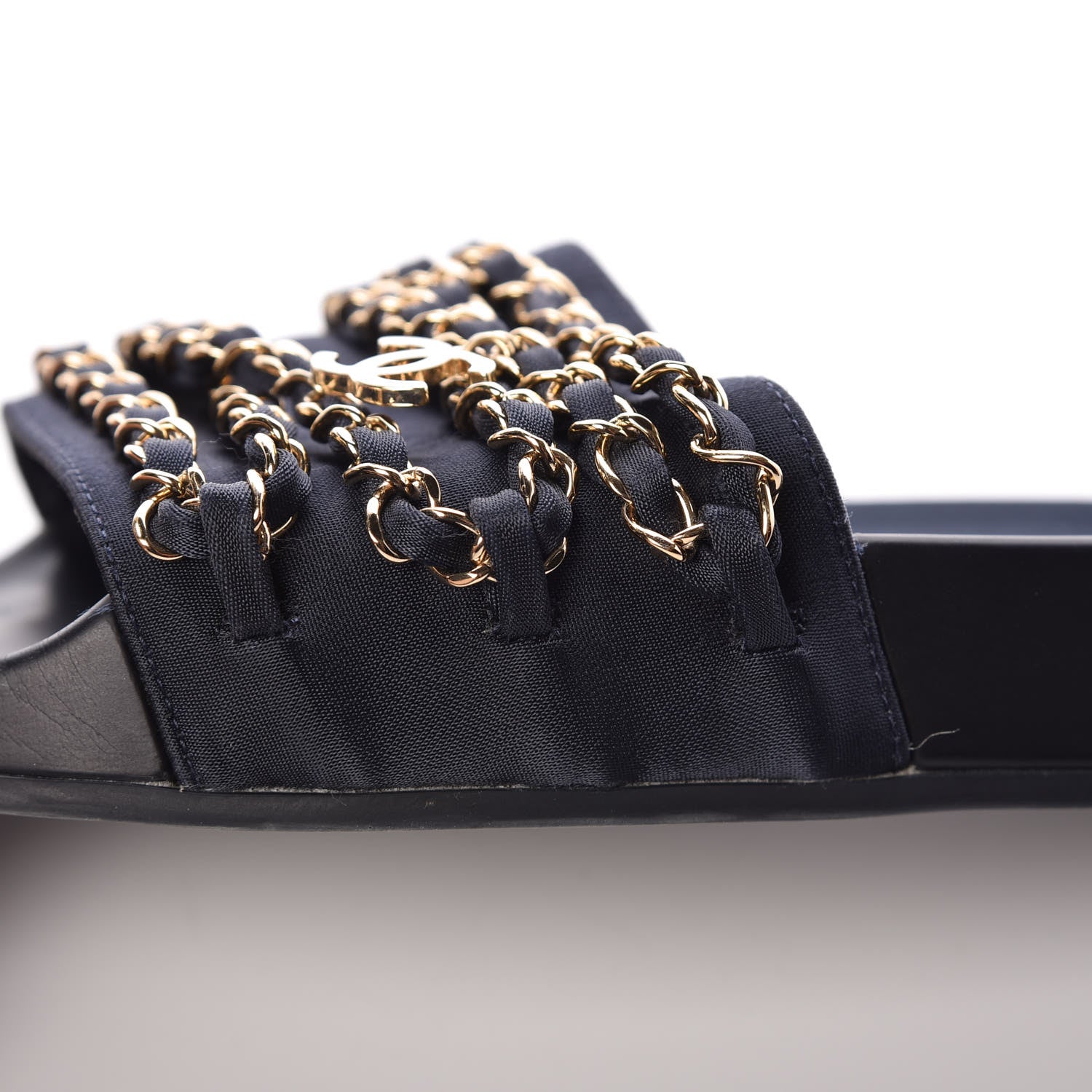 Chanel Satin Canvas Chain Flat Sandals 37 Marine 9 of 12