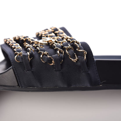 Chanel Satin Canvas Chain Flat Sandals 37 Marine 9 of 12