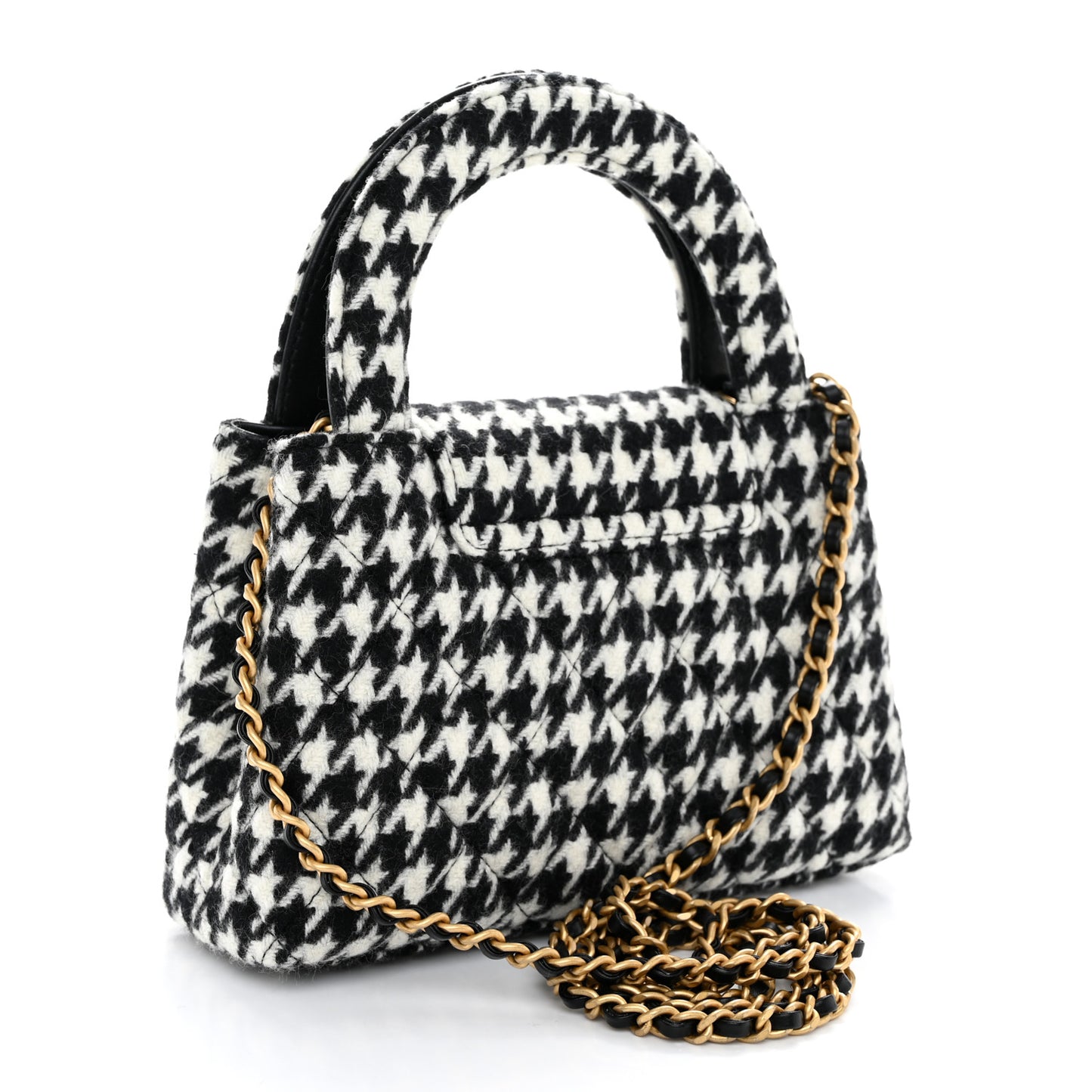 Tweed Houndstooth Quilted Nano Kelly Shopper Black White