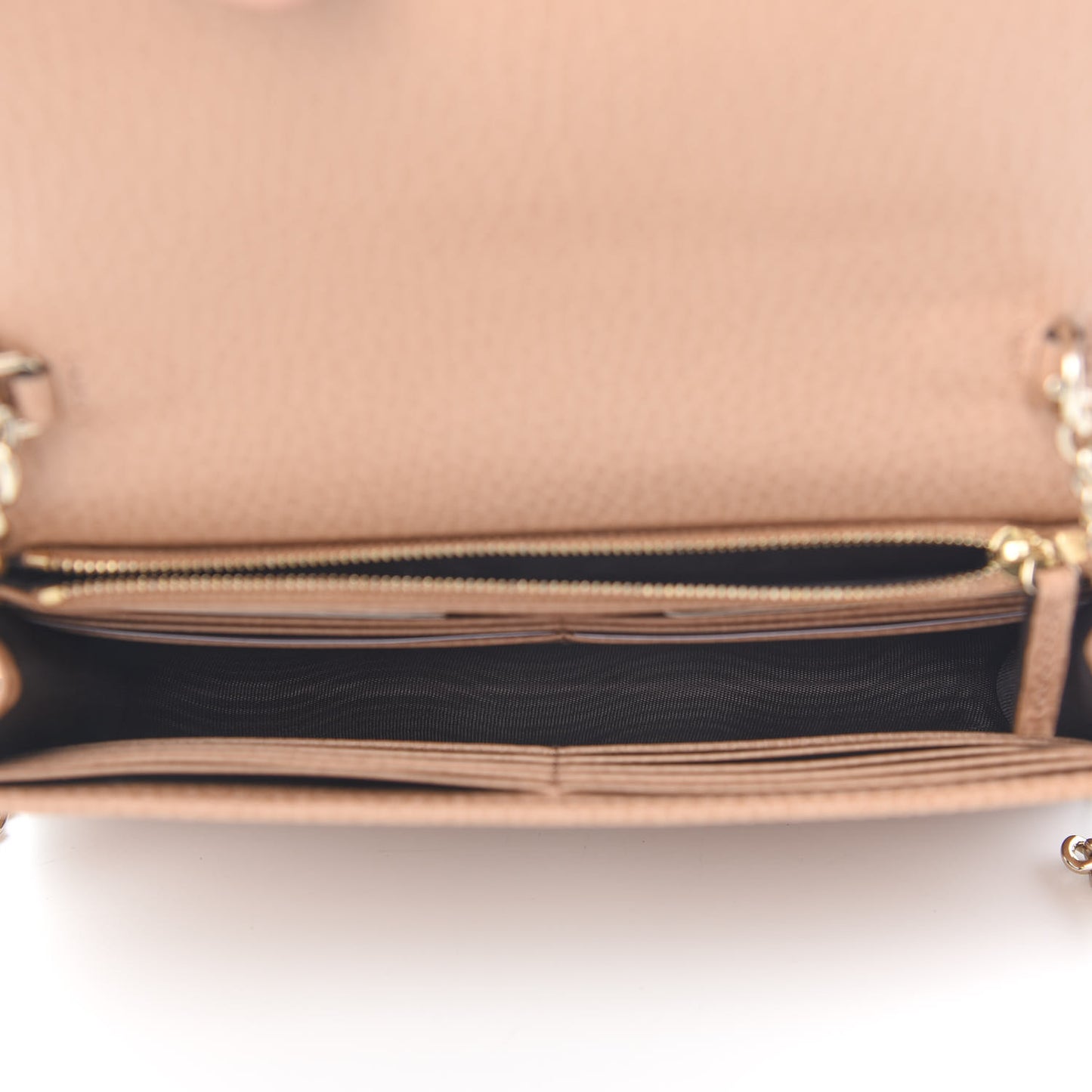 Dollar Calfskin Interlocking G Chain Wallet Camelia