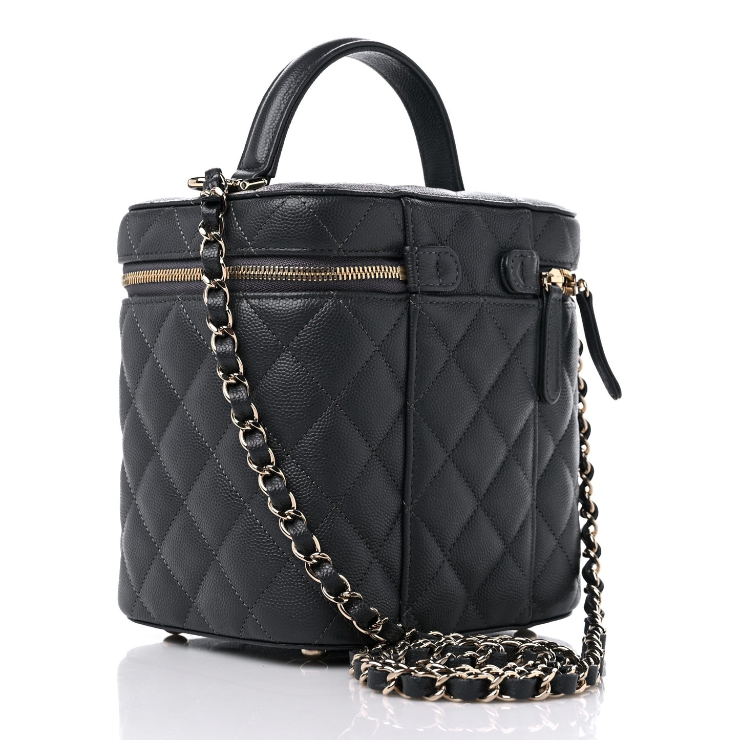 Caviar Quilted Small Top Handle Vanity Case With Chain Dark Grey