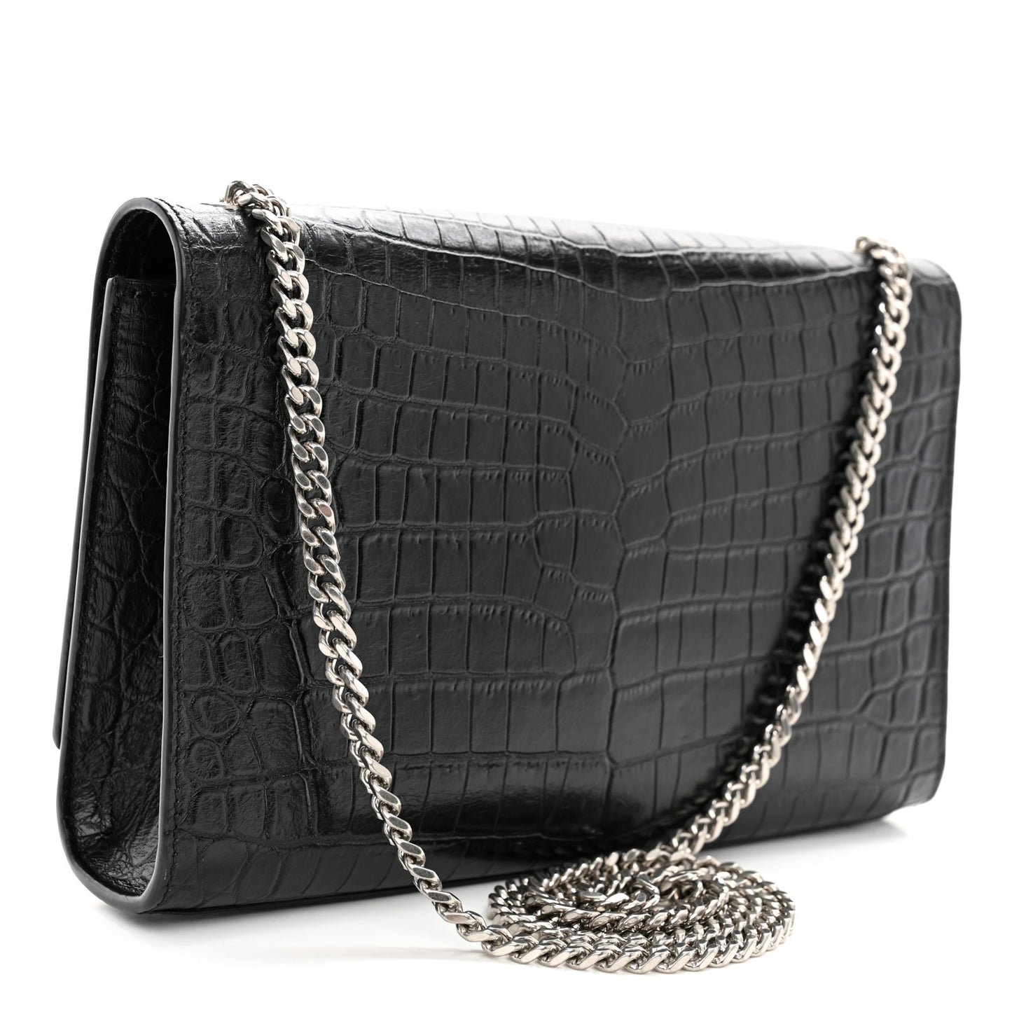 Calfskin Crocodile Embossed Medium Classic Monogram Kate Tassel Satchel Black