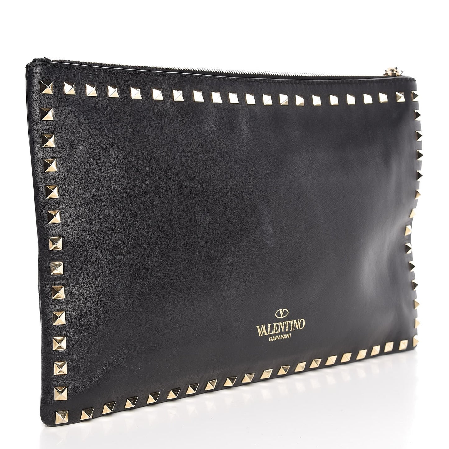 Vitello Large Rockstud Zip Wristlet Pouch Black