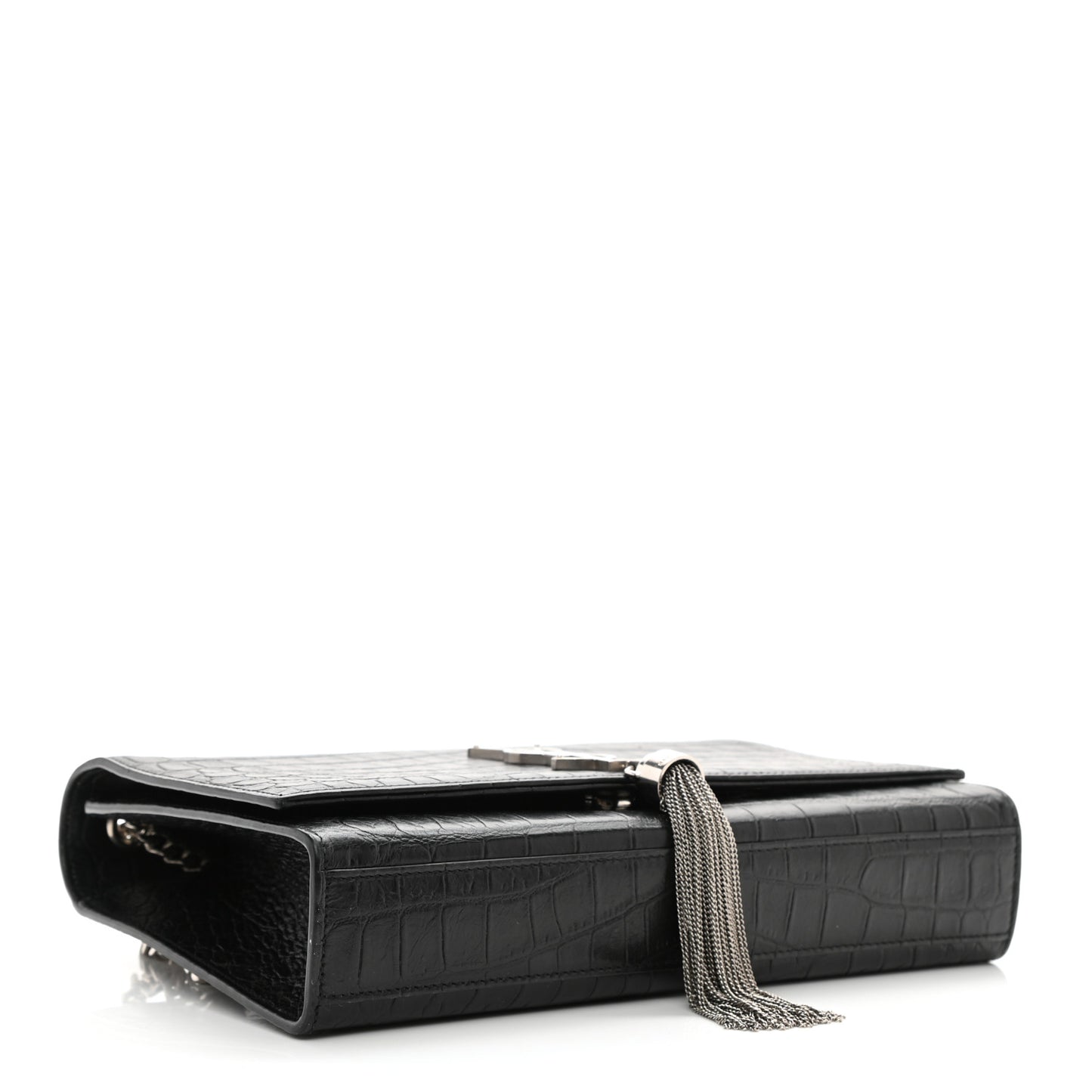 Calfskin Crocodile Embossed Medium Classic Monogram Kate Tassel Satchel Black