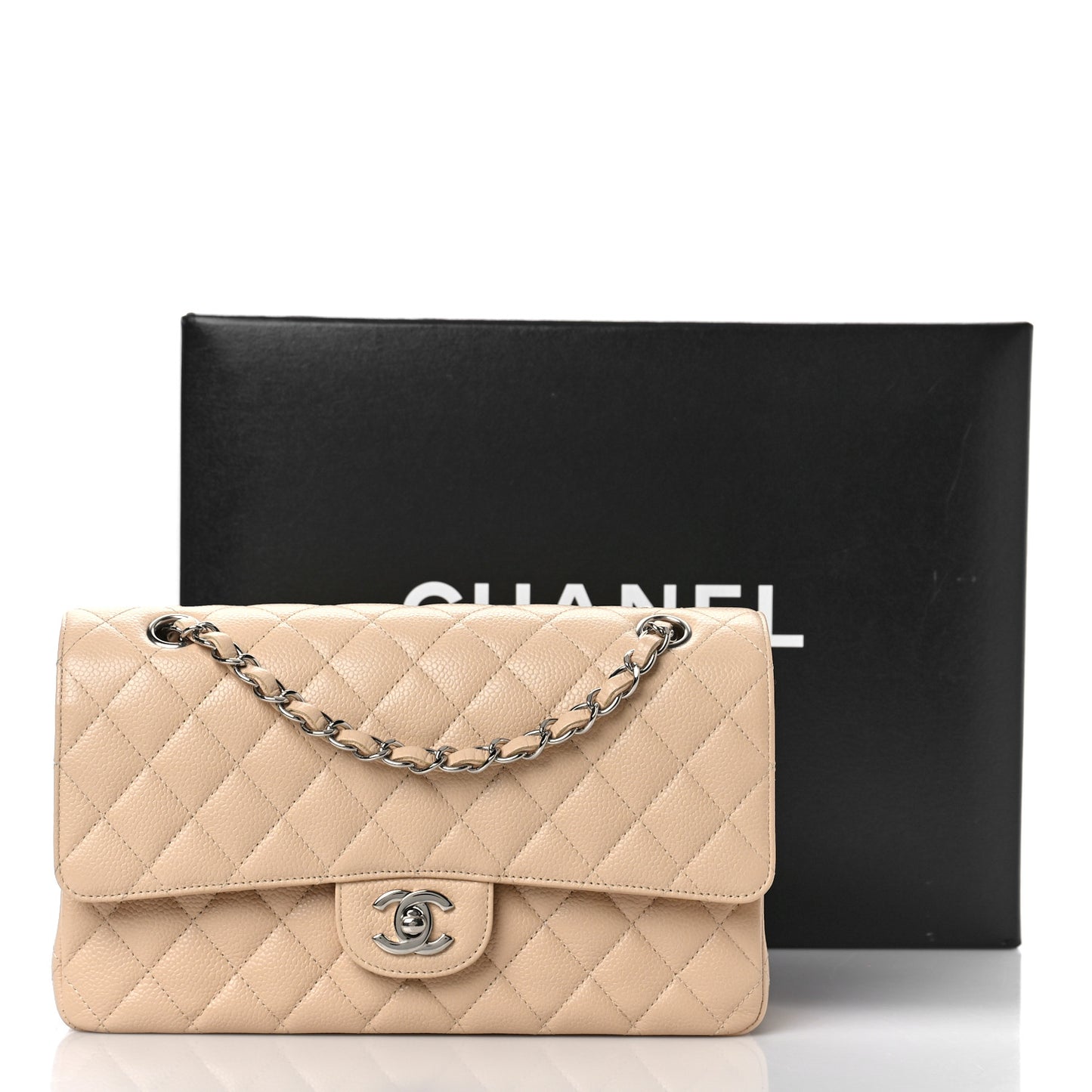 Caviar Quilted Medium Double Flap Beige