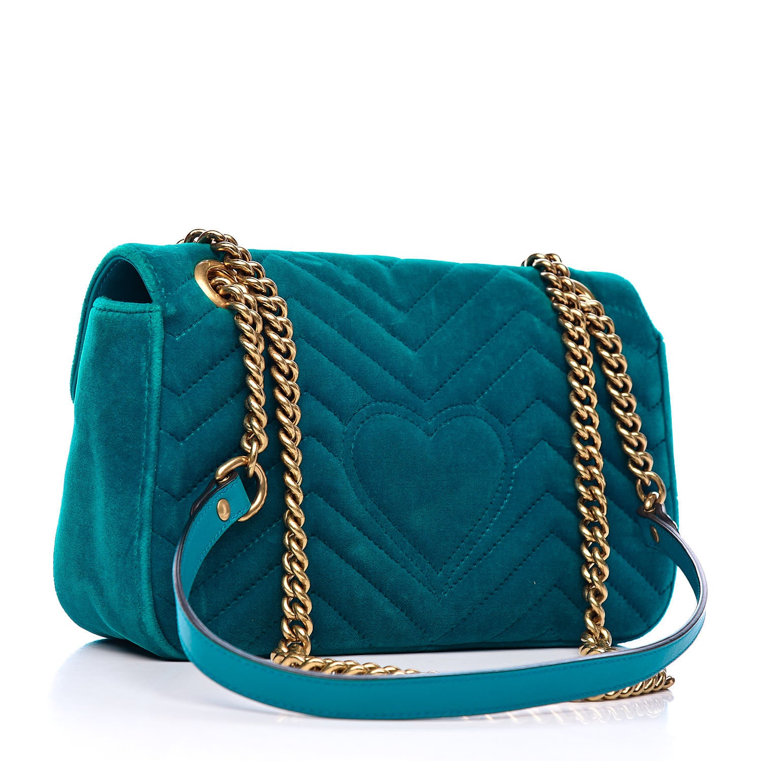 Gucci Velvet Matelasse Small GG Marmont Shoulder Bag Pavone Cyan 3 of 10