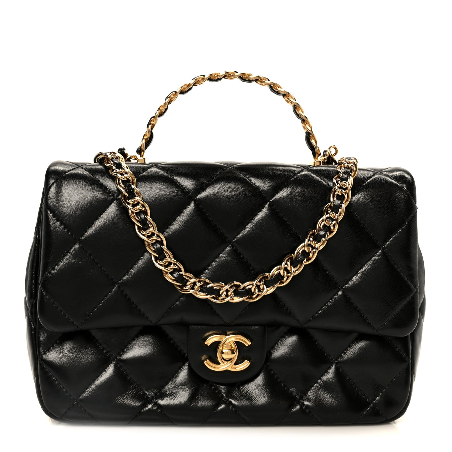 Shiny Lambskin Quilted Golden Links Top Handle Flap Black