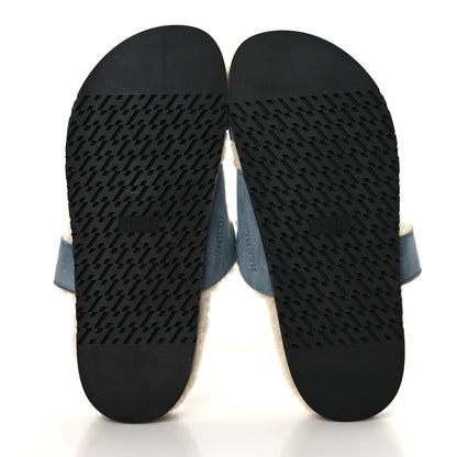 Hermes Suede Goatskin Woolskin Womens Chypre Sandals 38 Bleu Pinede Ecru 8 of 16
