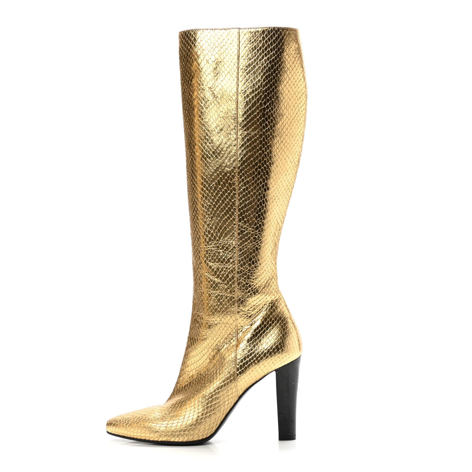 Saint Laurent Metallic Calfskin Python Embossed Tall Boots 38 Gold 1 of 11