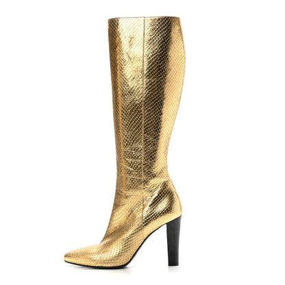 Saint Laurent Metallic Calfskin Python Embossed Tall Boots 38 Gold 1 of 11