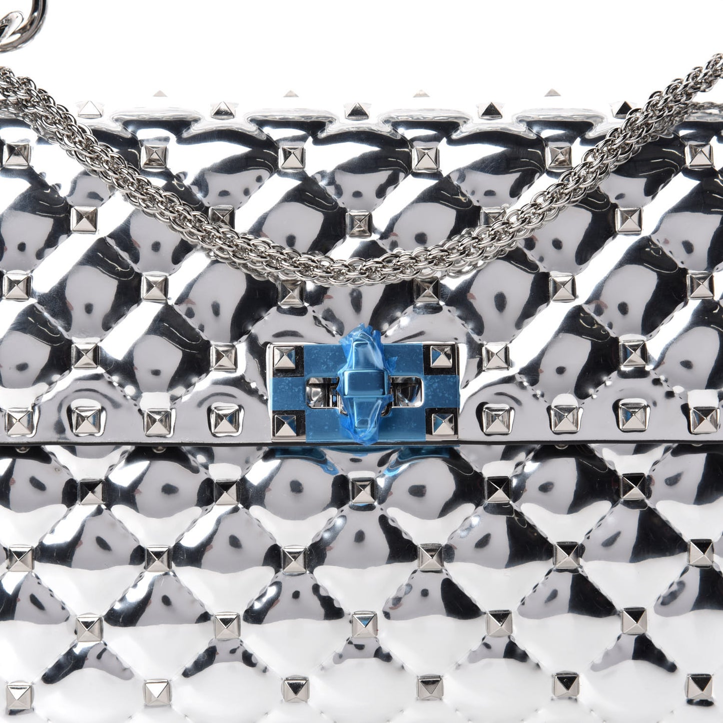 Metallic Patent Quilted Medium Rockstud Spike Shoulder Bag Silver