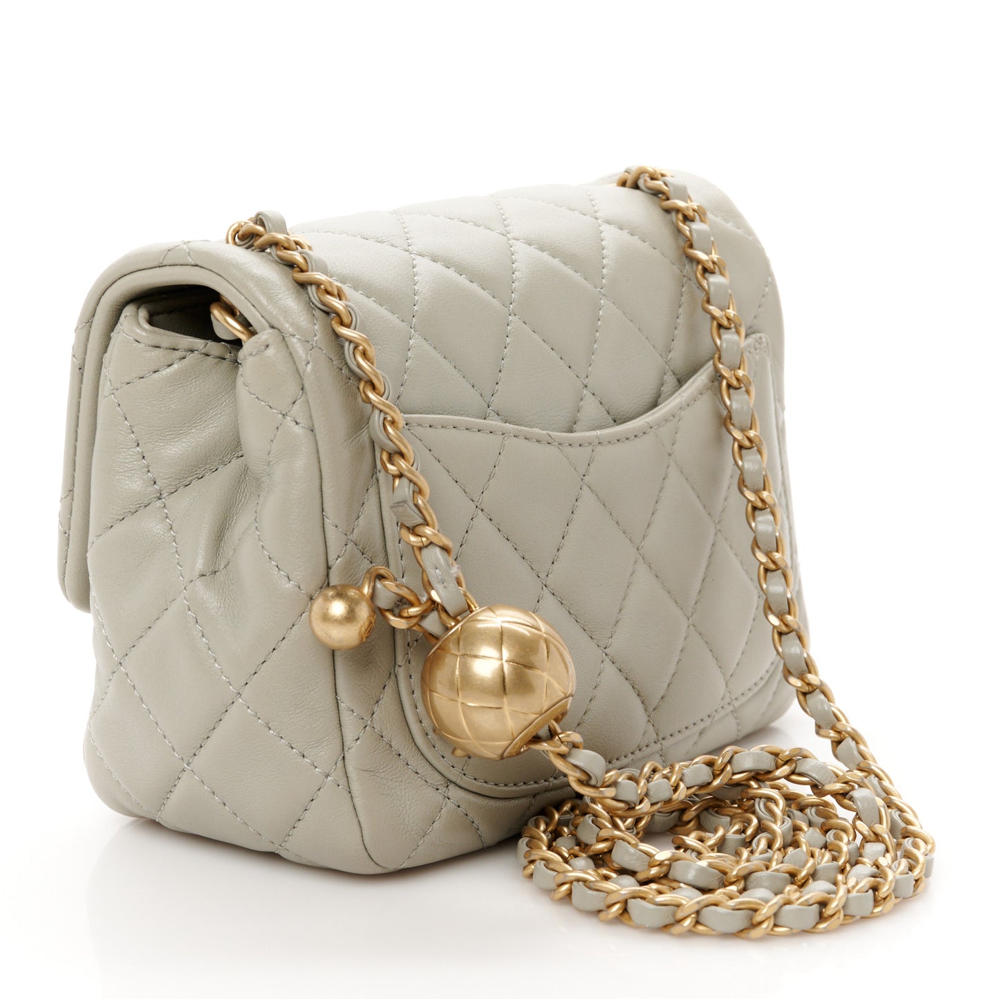 Lambskin Quilted Mini Pearl Crush Flap Light Grey