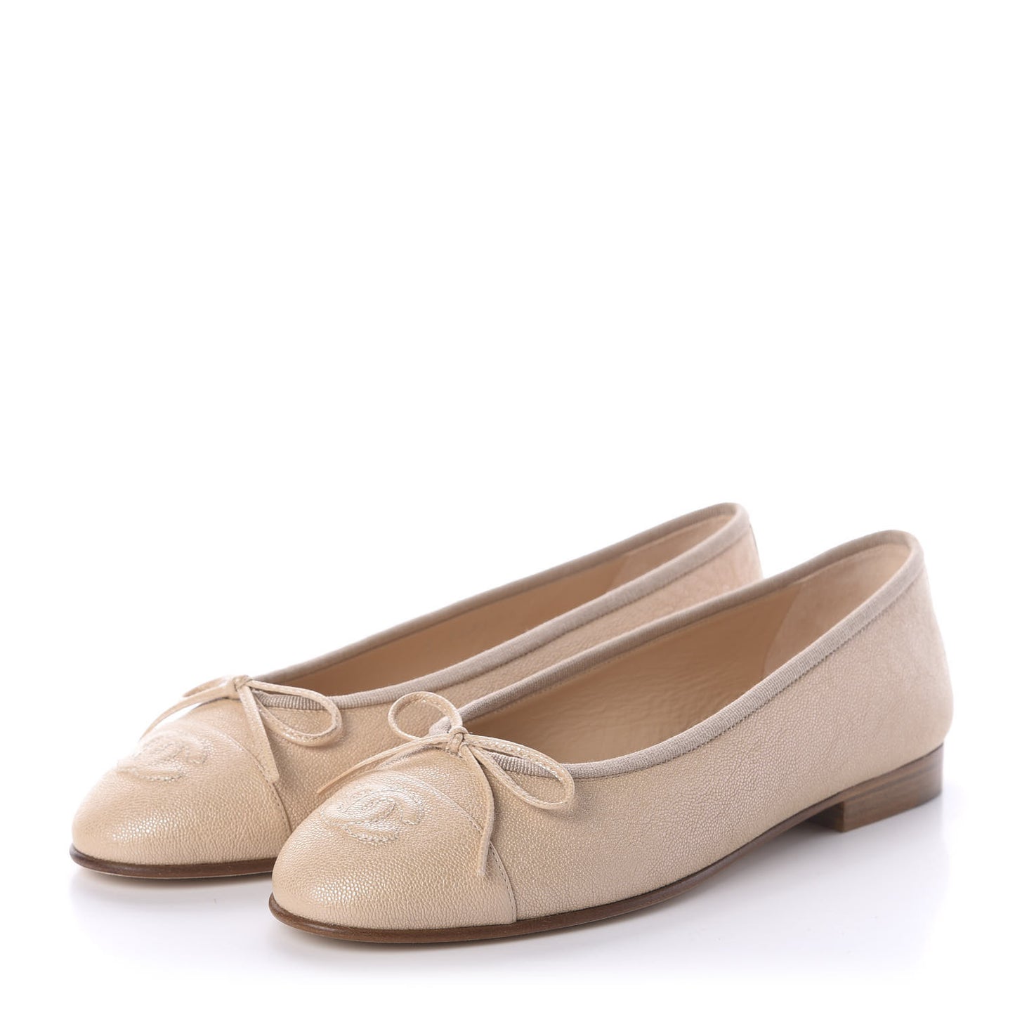 Iridescent Grained Calfskin Cap Toe Ballerina Flats 36.5 Beige