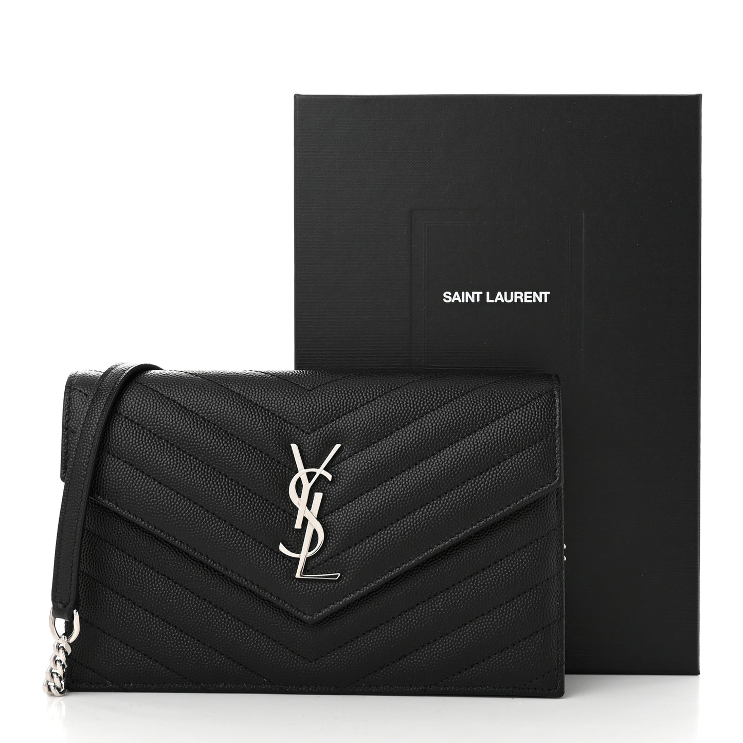 Grain De Poudre Matelasse Chevron Monogram Envelope Chain Wallet Black