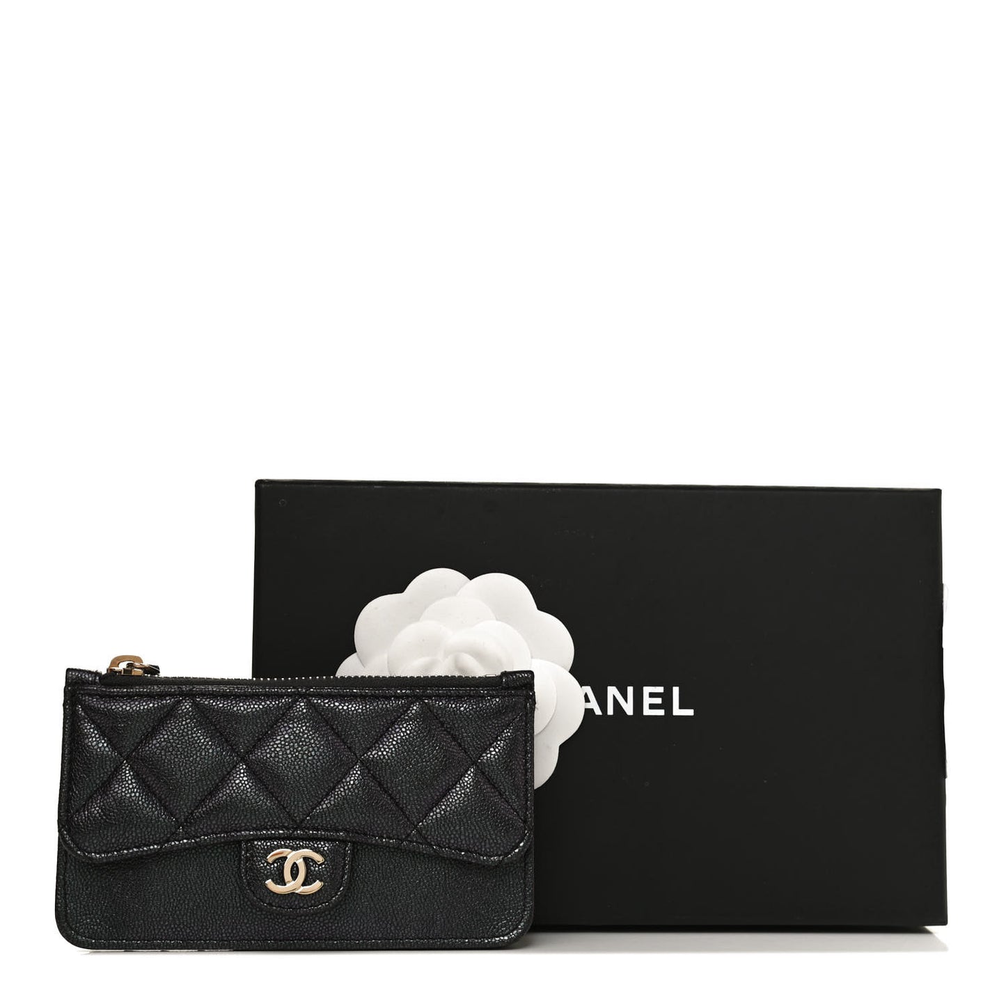 Iridescent Caviar Quilted Flap Zip Card Holder Black