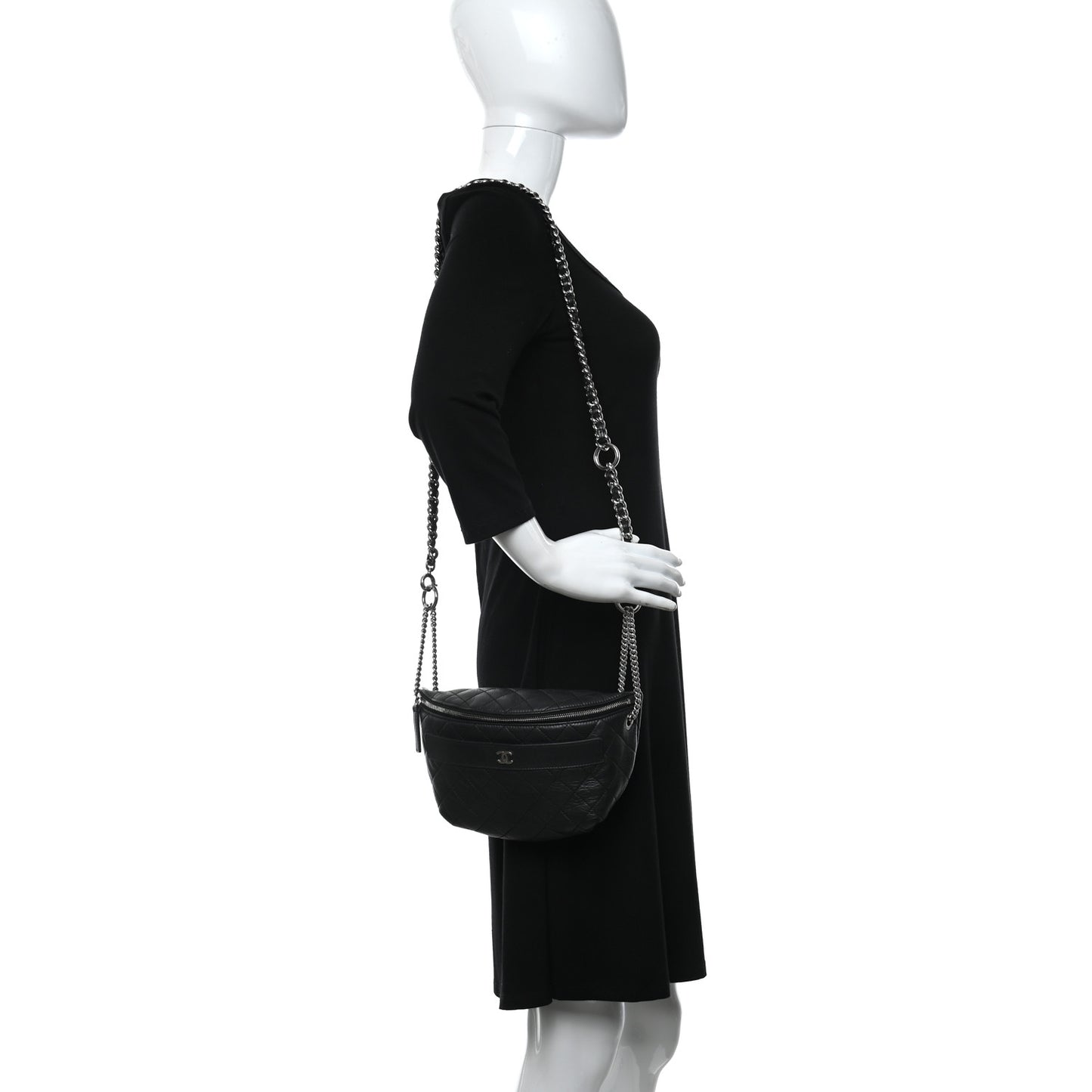 Aged Calfskin Quilted Crossbody Double Chain Bag Black