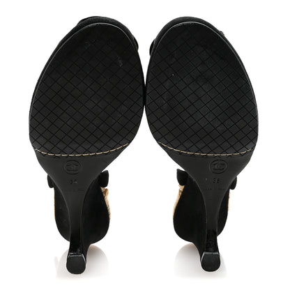Chanel Velvet Patent Camellia Espadrilles Wedge Sandals 38 Black 6 of 8