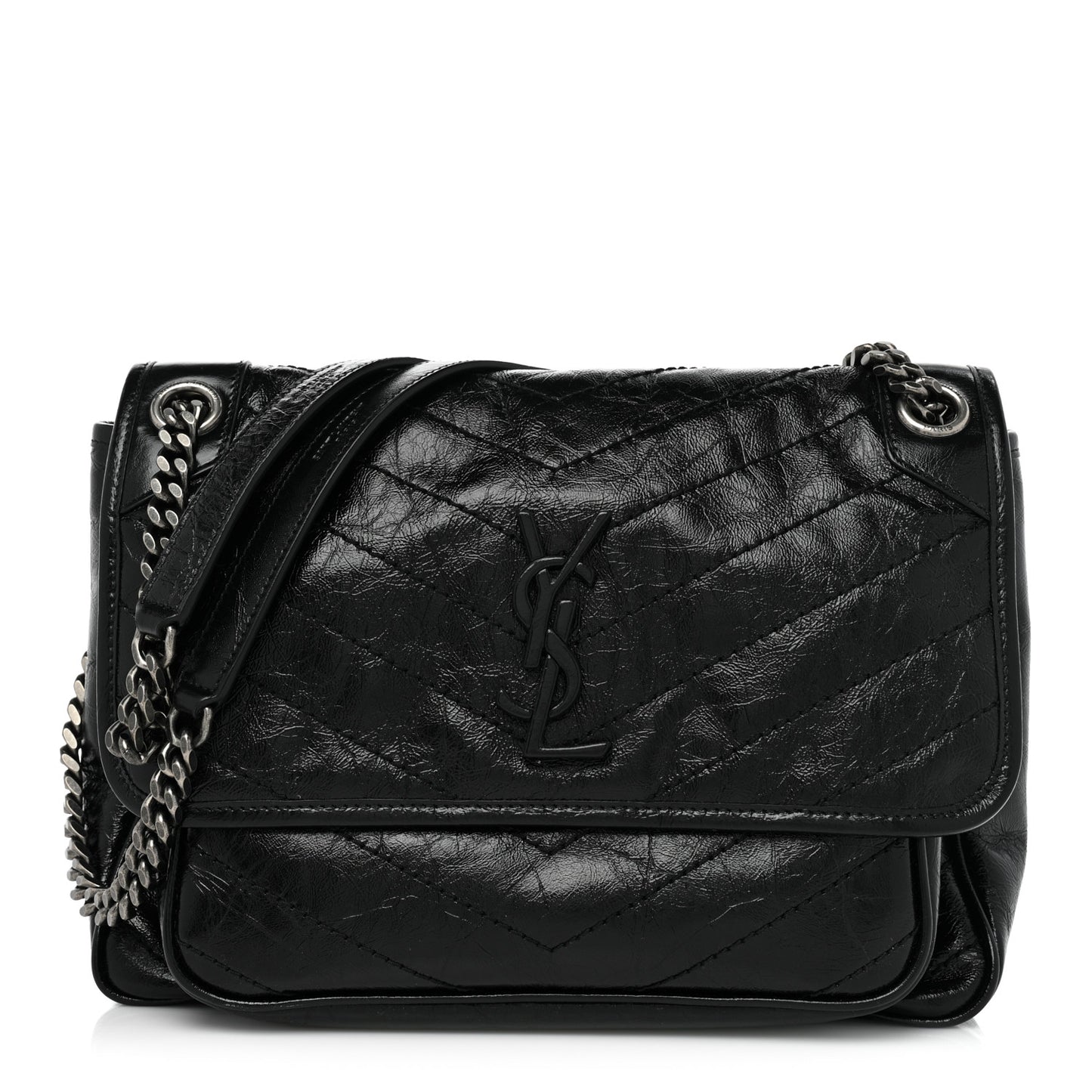Crinkled Calfskin Matelasse Monogram Medium Niki Chain Satchel Black