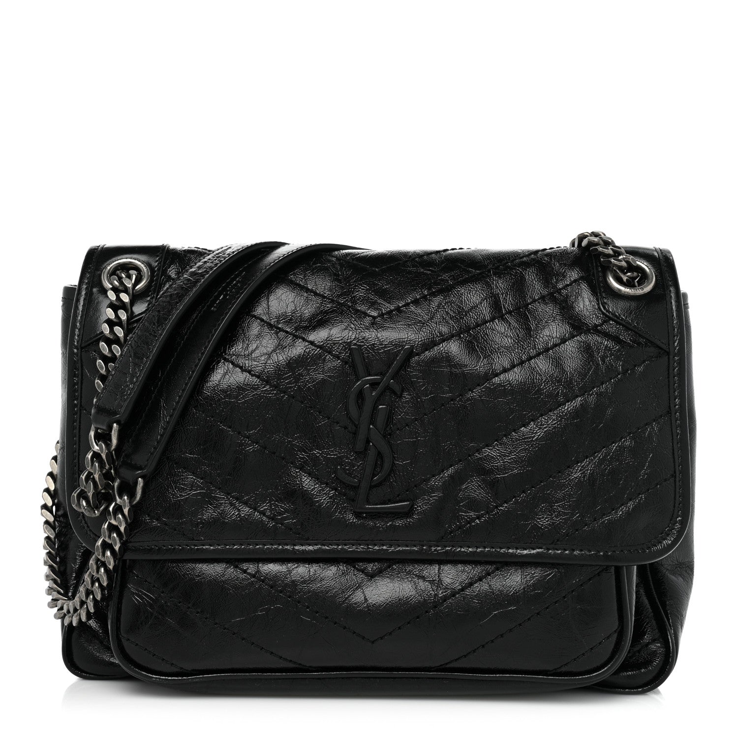 Saint Laurent Crinkled Calfskin Matelasse Monogram Medium Niki Chain Satchel Black 1 of 9