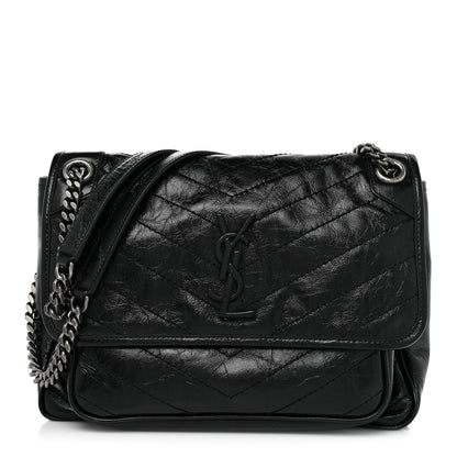 Saint Laurent Crinkled Calfskin Matelasse Monogram Medium Niki Chain Satchel Black 1 of 9