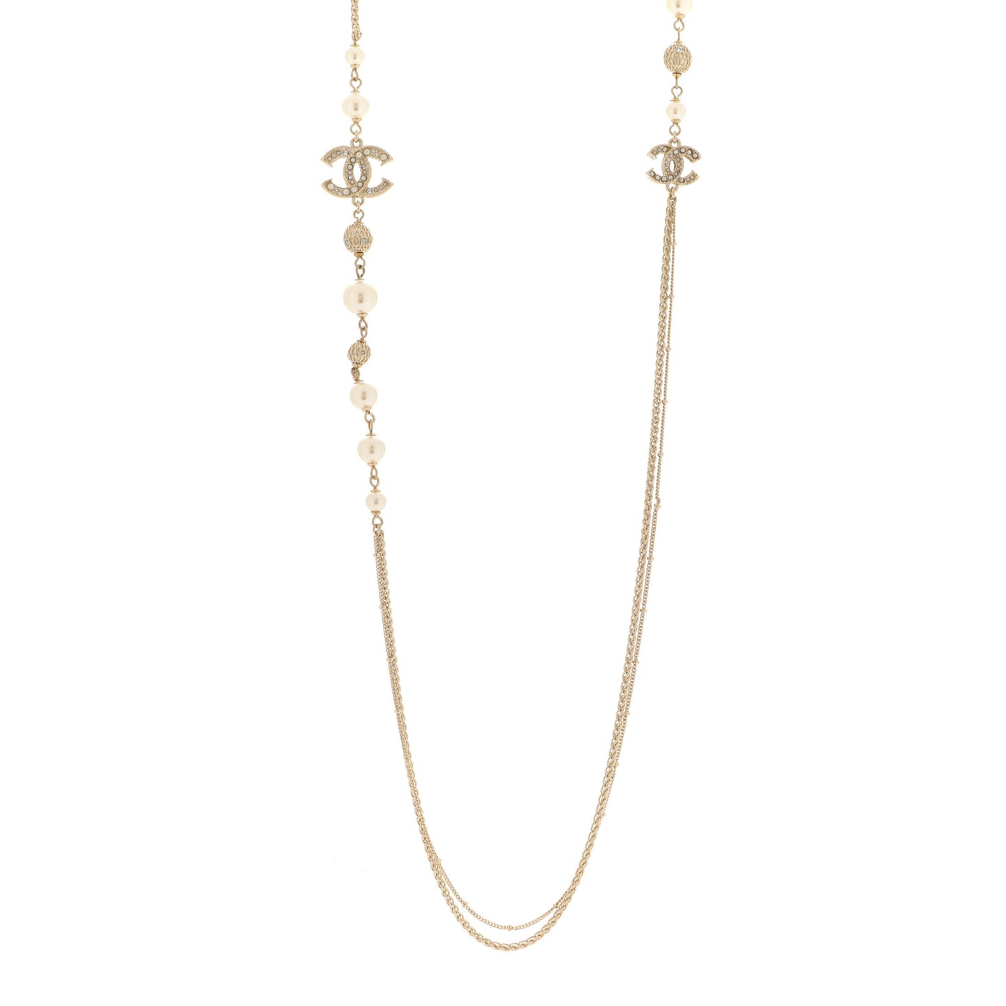 Pearl Crystal CC Long Necklace Gold