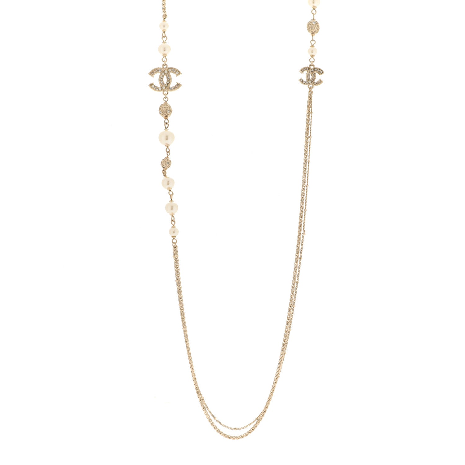 Chanel Pearl Crystal CC Long Necklace Gold 1 of 7