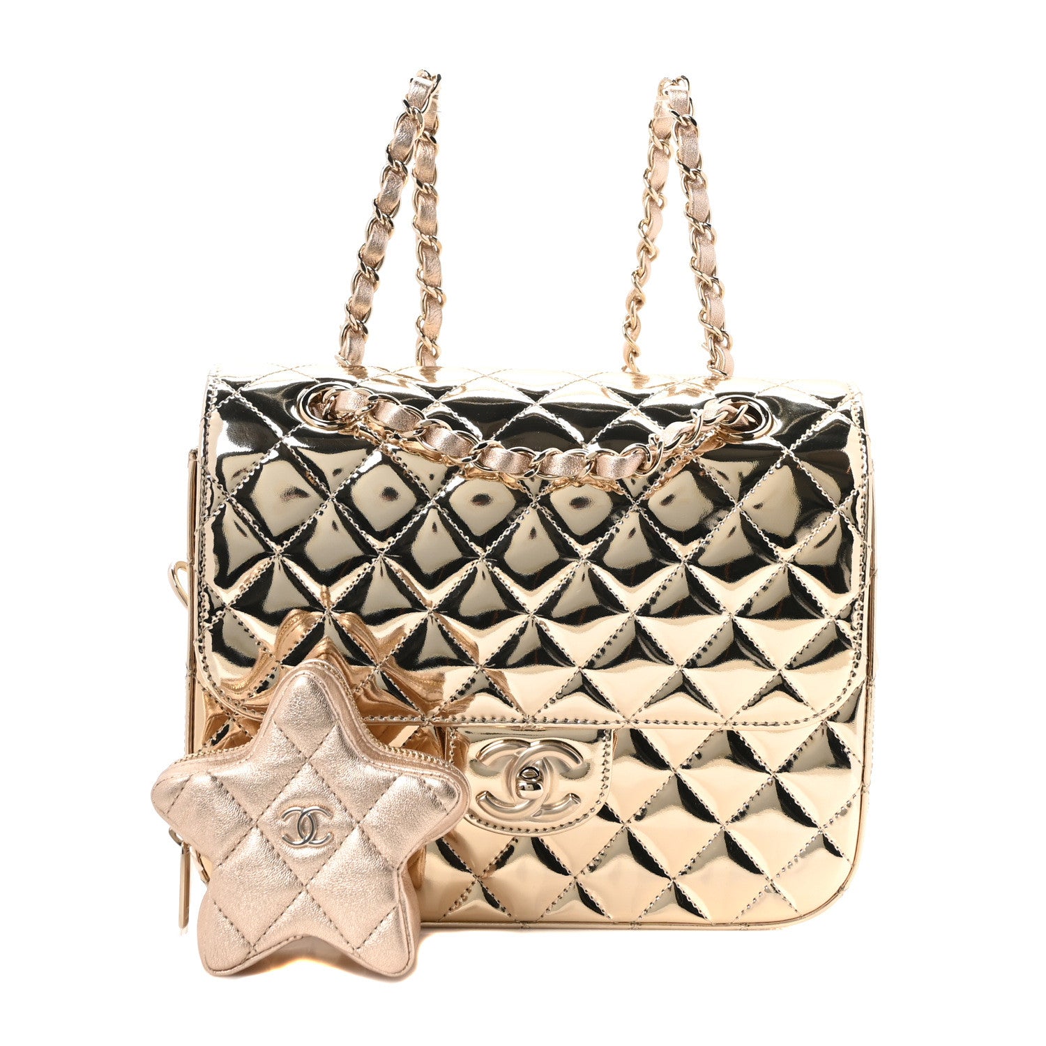 Chanel Mirror Calfskin Metallic Calfskin Quilted Hollywood Boulevard Backpack With Coin Purse Gold 1896112