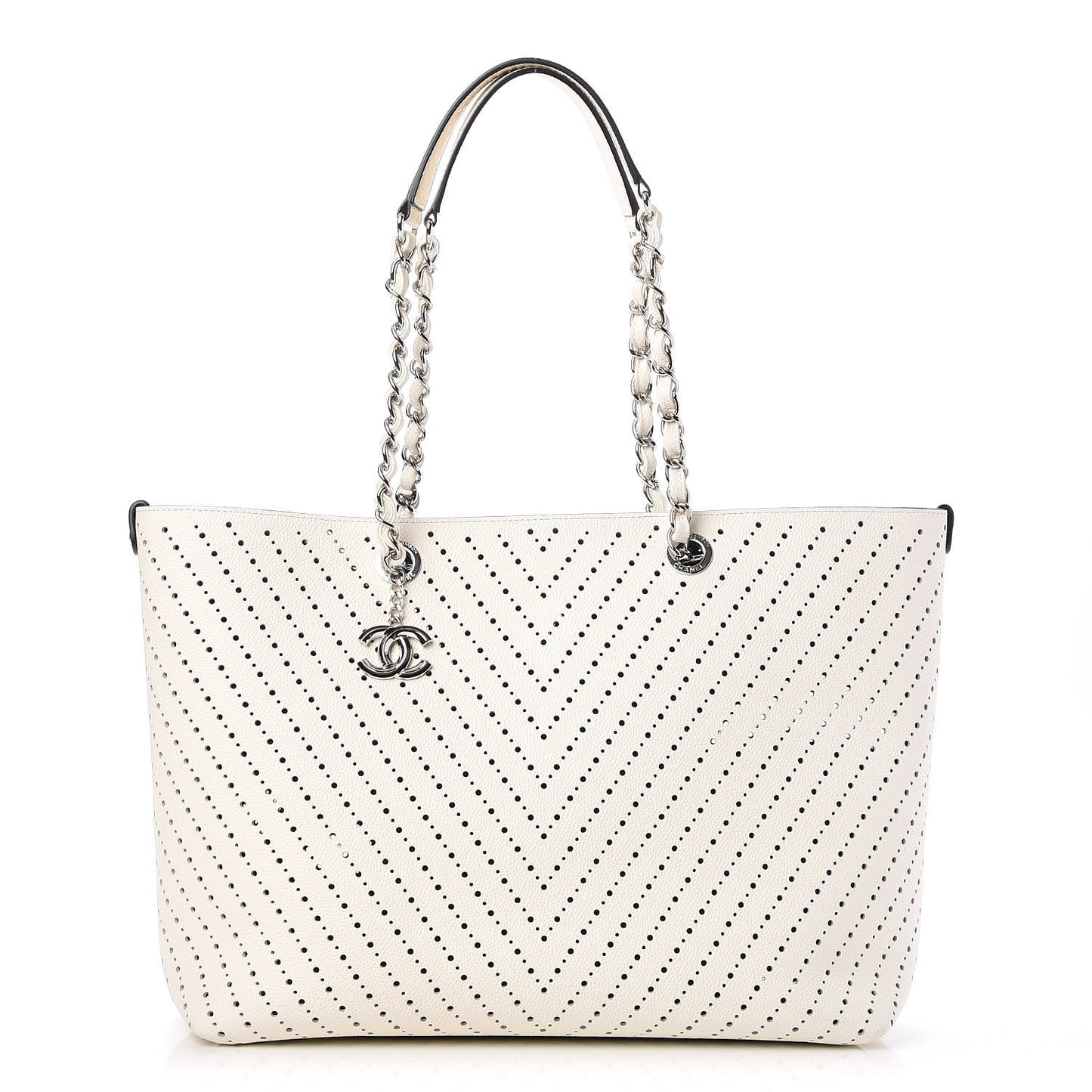 Perforated Grained Calfskin Large Shopping Tote White