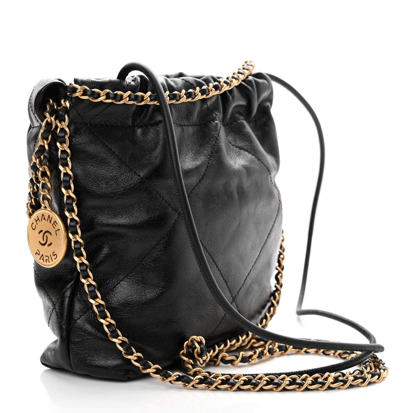 Shiny Crumpled Calfskin Quilted Pearl Mini Chanel 22 Black