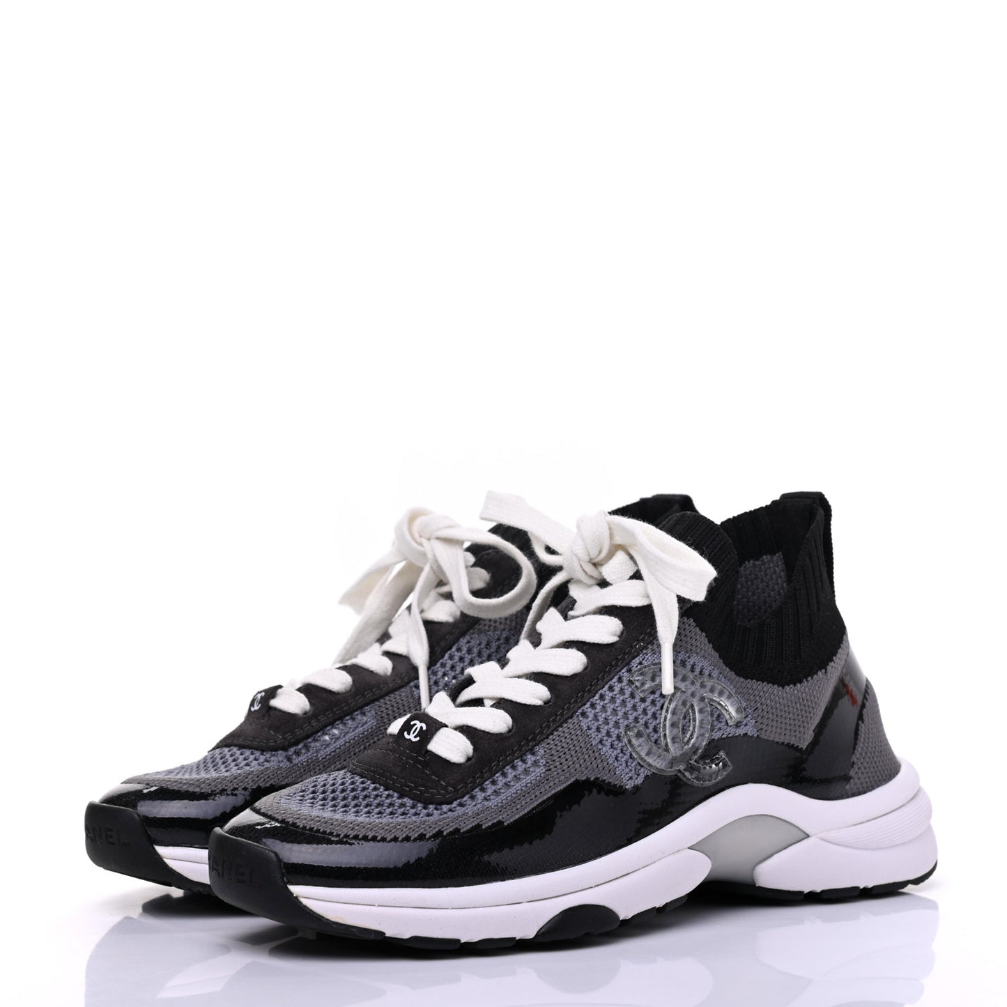 Fabric Calfskin Suede CC Womens Sneakers 35 Black Grey