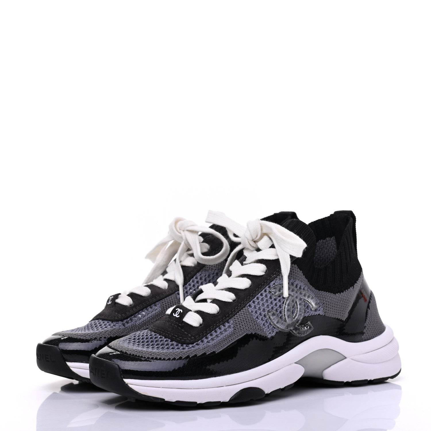 Chanel Fabric Calfskin Suede CC Womens Sneakers 35 Black Grey 3 of 9