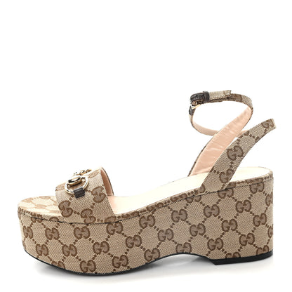 Gucci Monogram Nappa Chalotte Horsebit Ankle Strap 75mm Flatform Sandals 41 Beige Ebony 41 Beige Ebony 1 of 8