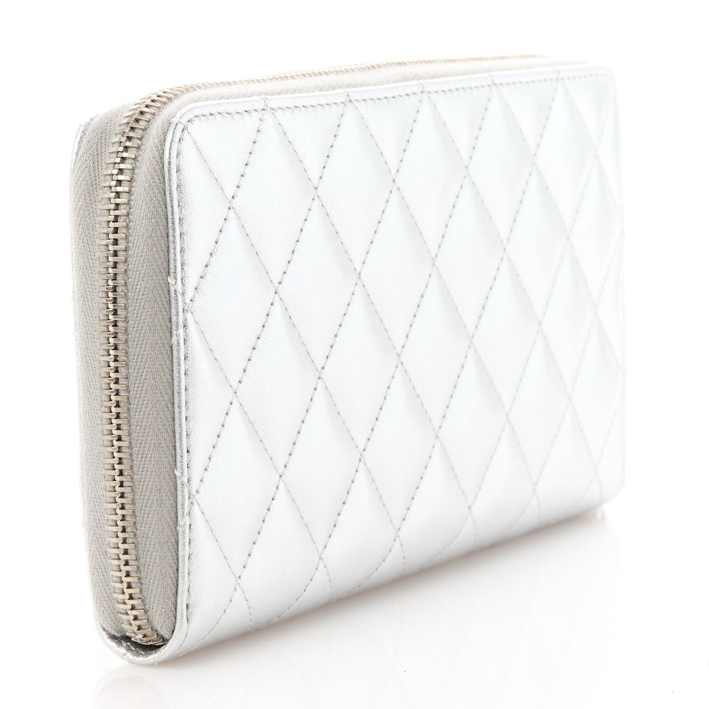 Metallic Lambskin Quilted Large Gusset Zip Around Wallet Silver Pink