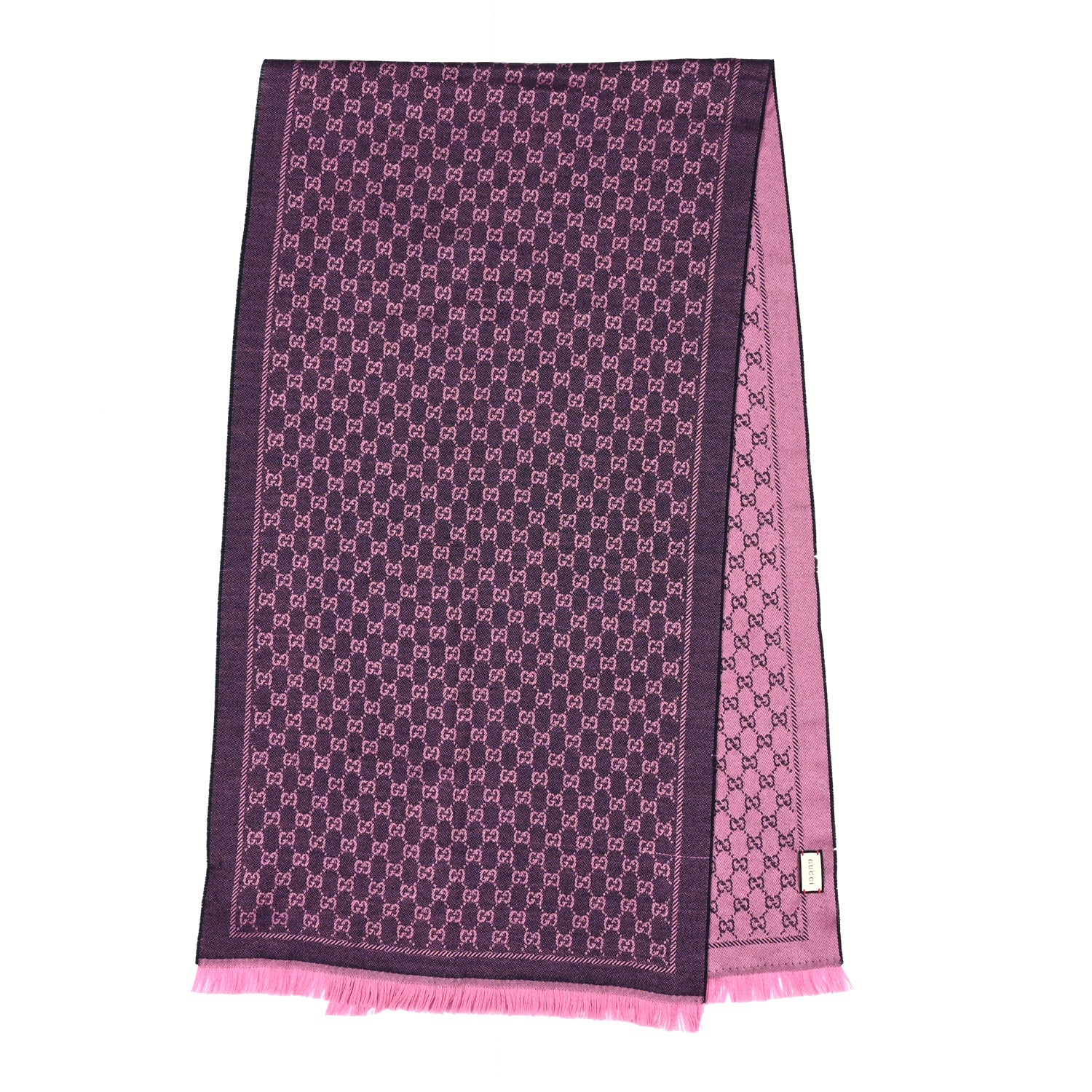 Gucci Wool Jacquard GG Monogram Sten Fringe Scarf Magenta Bordeaux 2 of 4