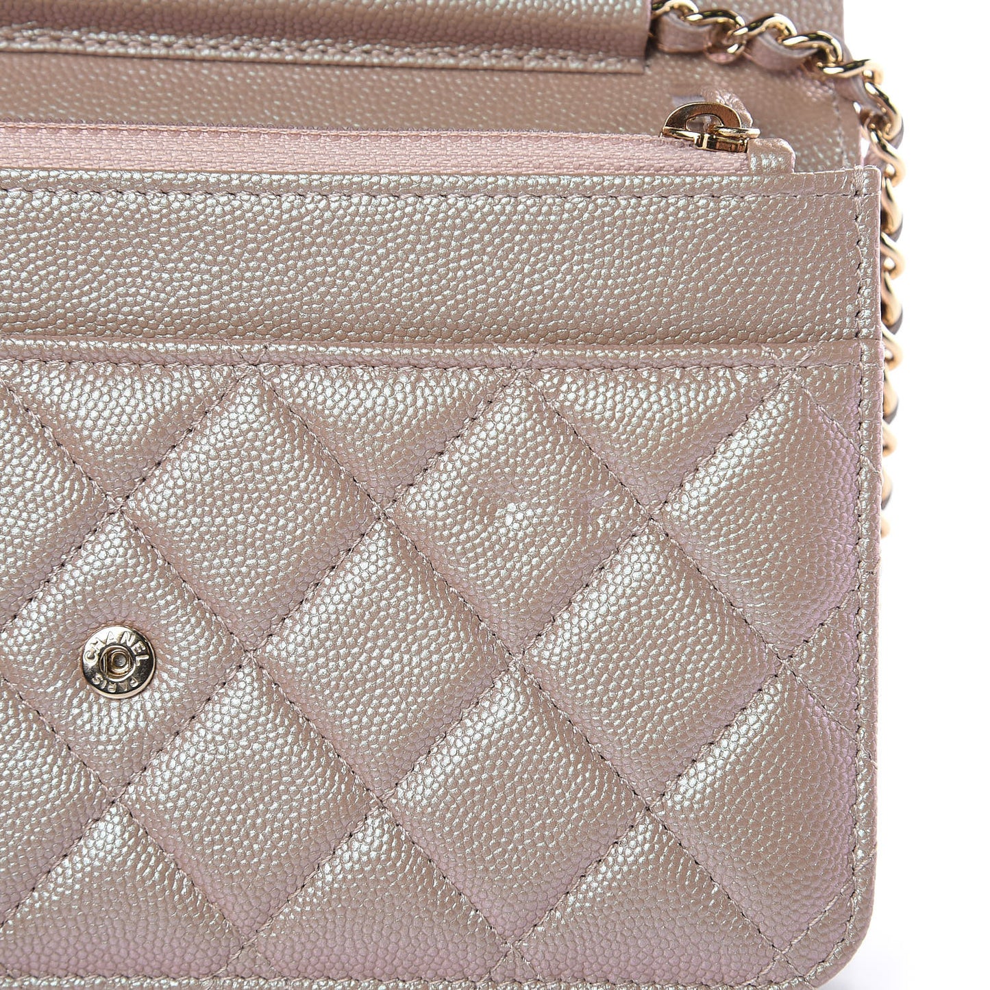 Iridescent Caviar Quilted Wallet On Chain WOC Beige