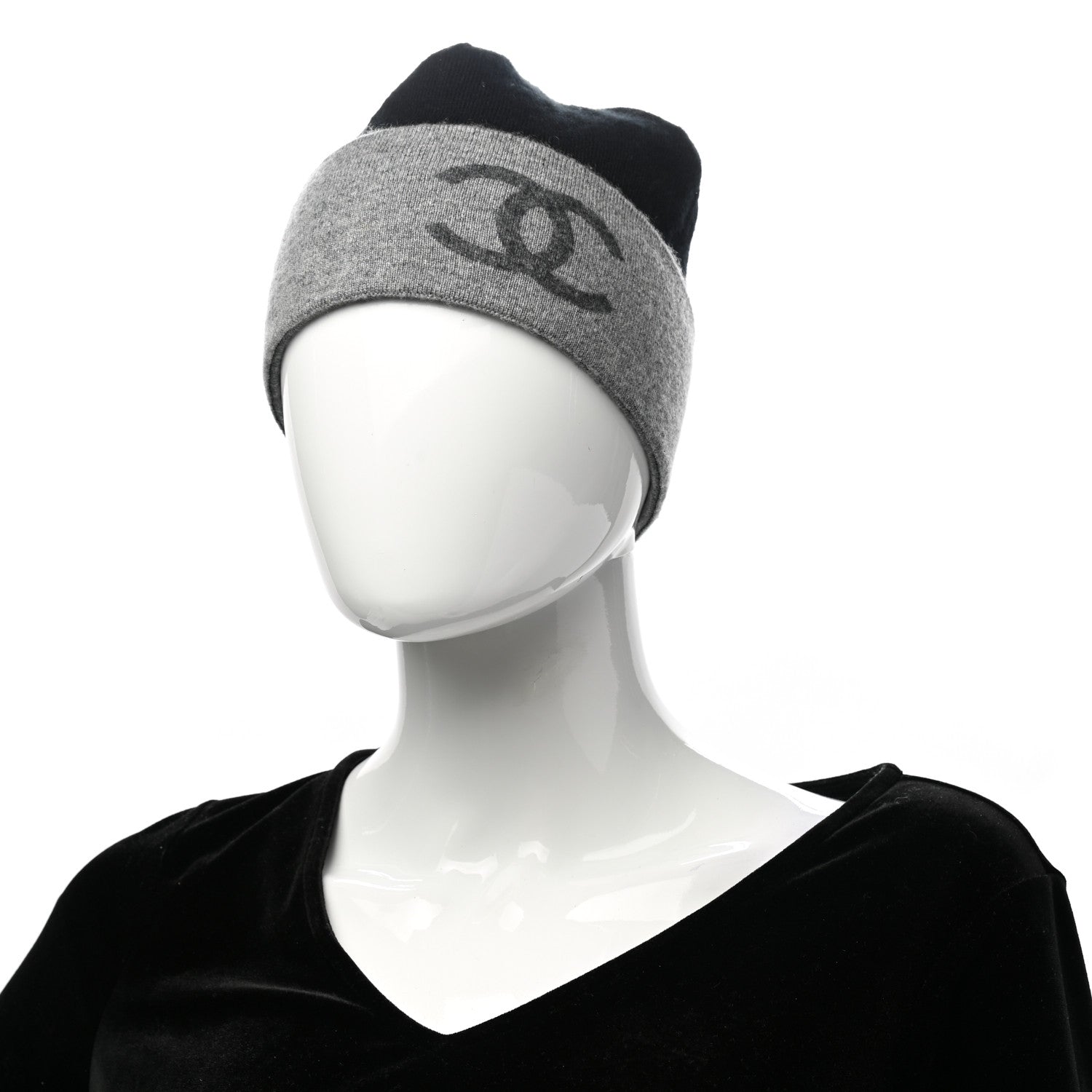 Chanel Cashmere Blend CC Beanie Hat Black Grey 2 of 4