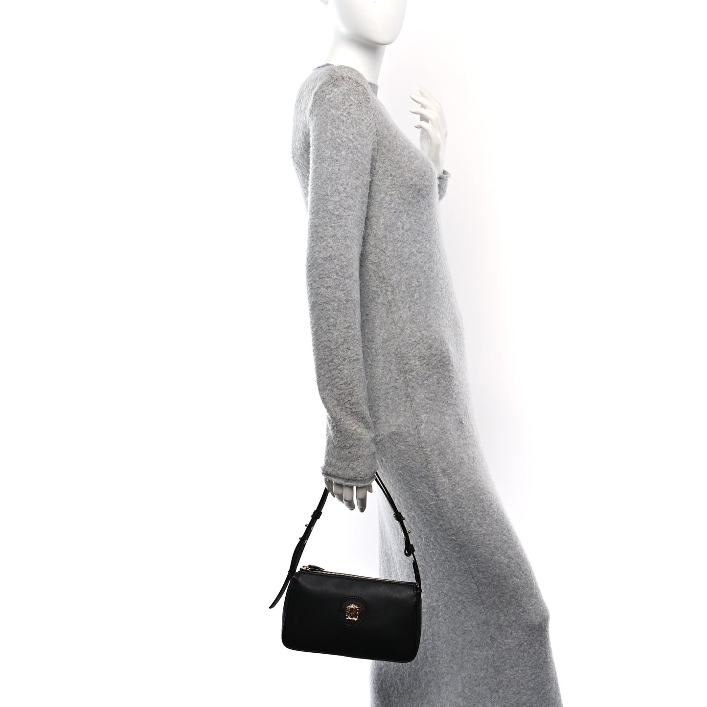 Grained Calfskin Medusa Shoulder Bag Black