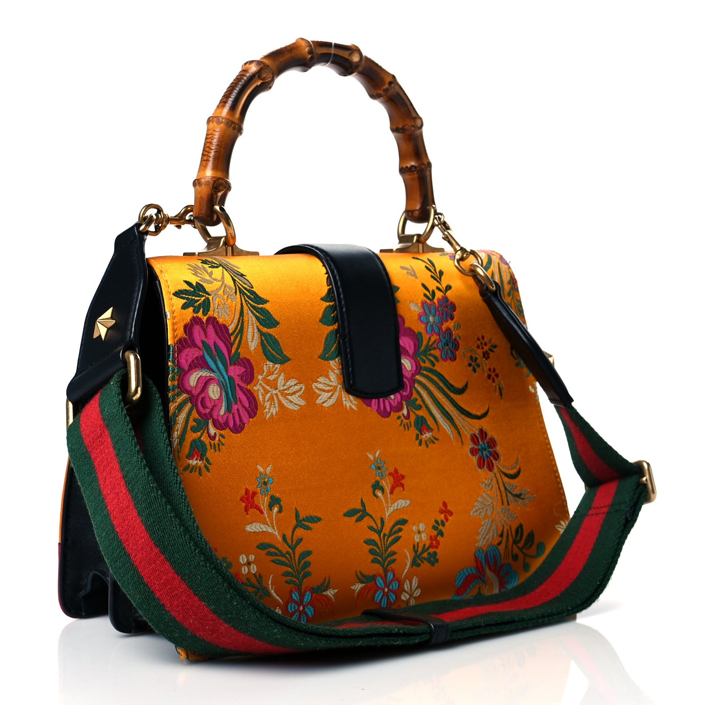 Satin Calfskin Bamboo Web Tokyo Print Medium Dionysus Top Handle Bag Giallo Multicolor Blue Agata Hibiscus Red