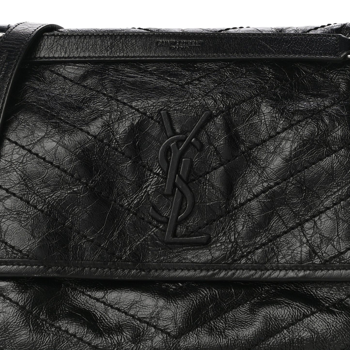 Crinkled Calfskin Matelasse Monogram Medium Niki Chain Satchel Black