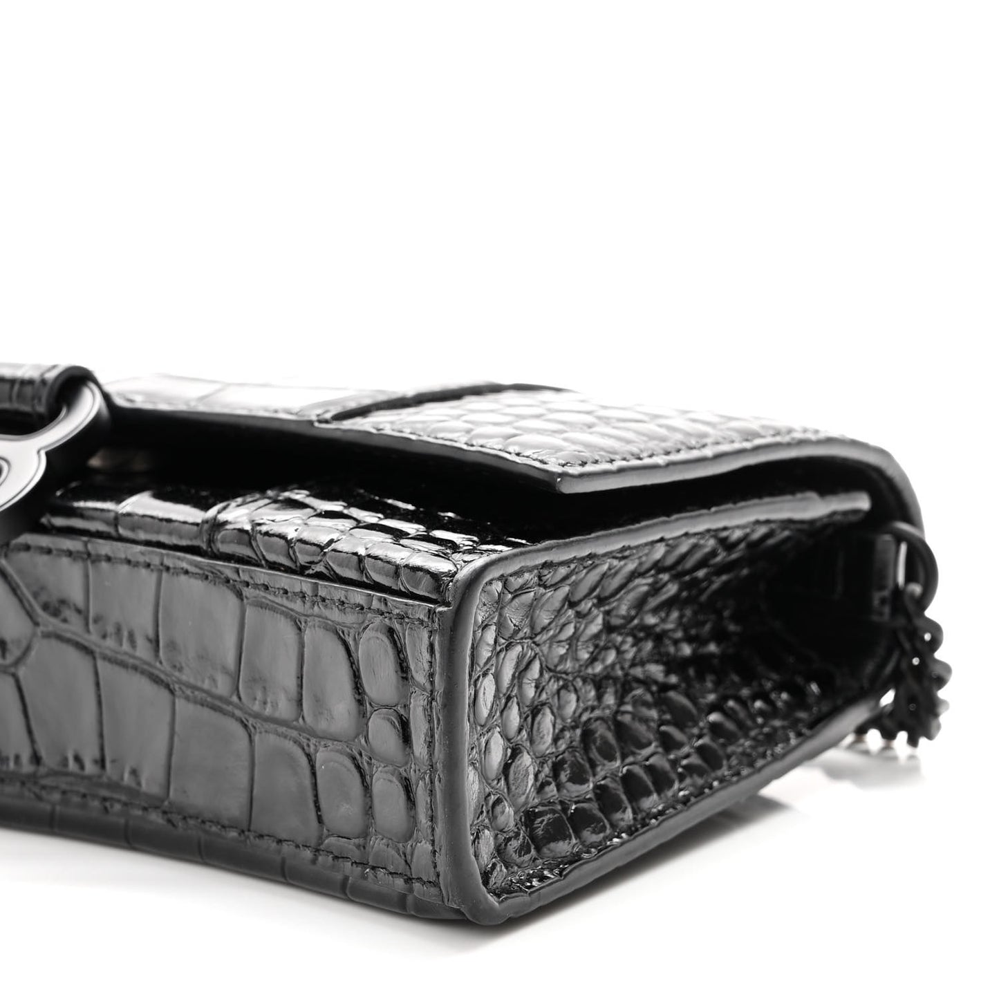 Shiny Calfskin Monochrome Crocodile Embossed Hourglass Chain Bag Black