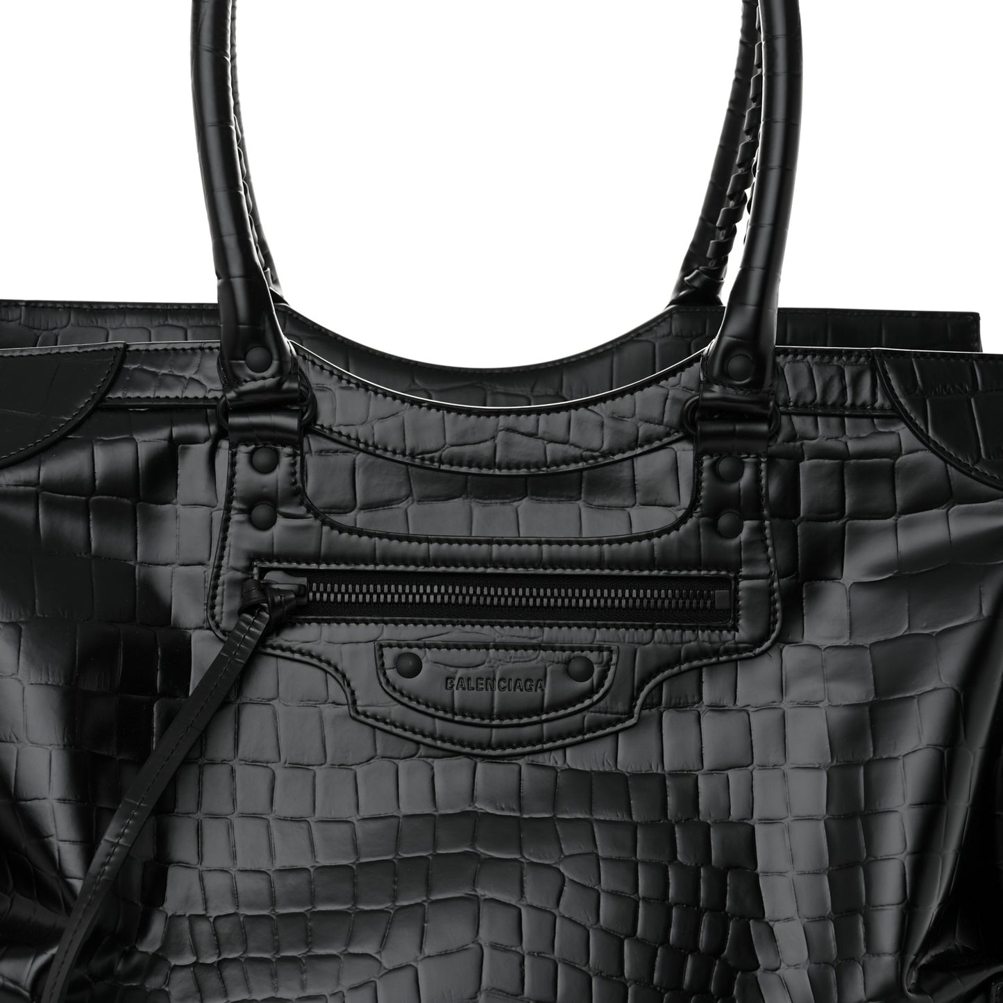 Semi Matte Calfskin Crocodile Embossed Neo Classic Black Hardware Large Top Handle Bag Black