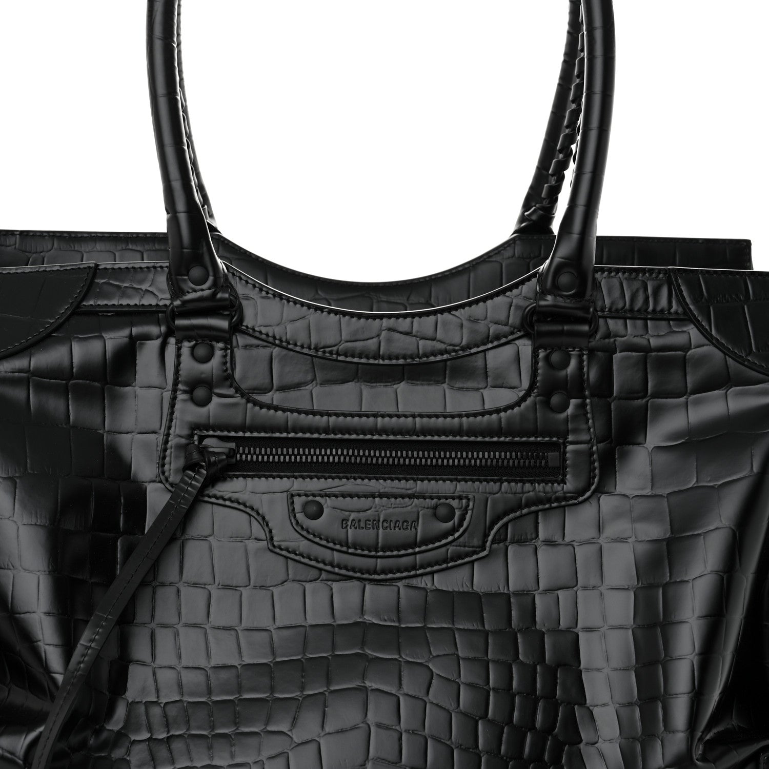Balenciaga Semi Matte Calfskin Crocodile Embossed Neo Classic Black Hardware Large Top Handle Bag Black 7 of 14