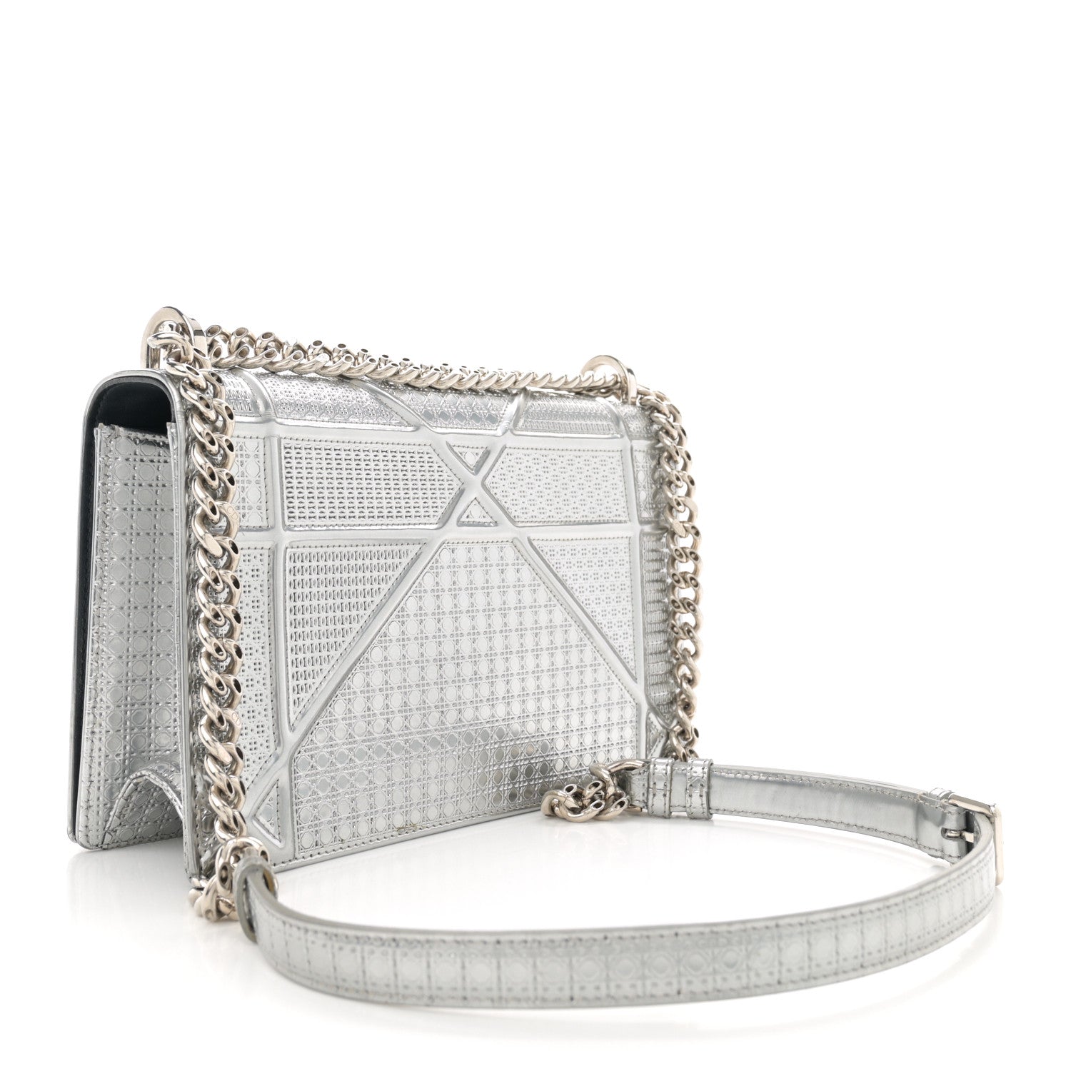 Christian Dior Metallic Patent Micro-Cannage Medium Diorama Flap Bag Silver 2 of 13